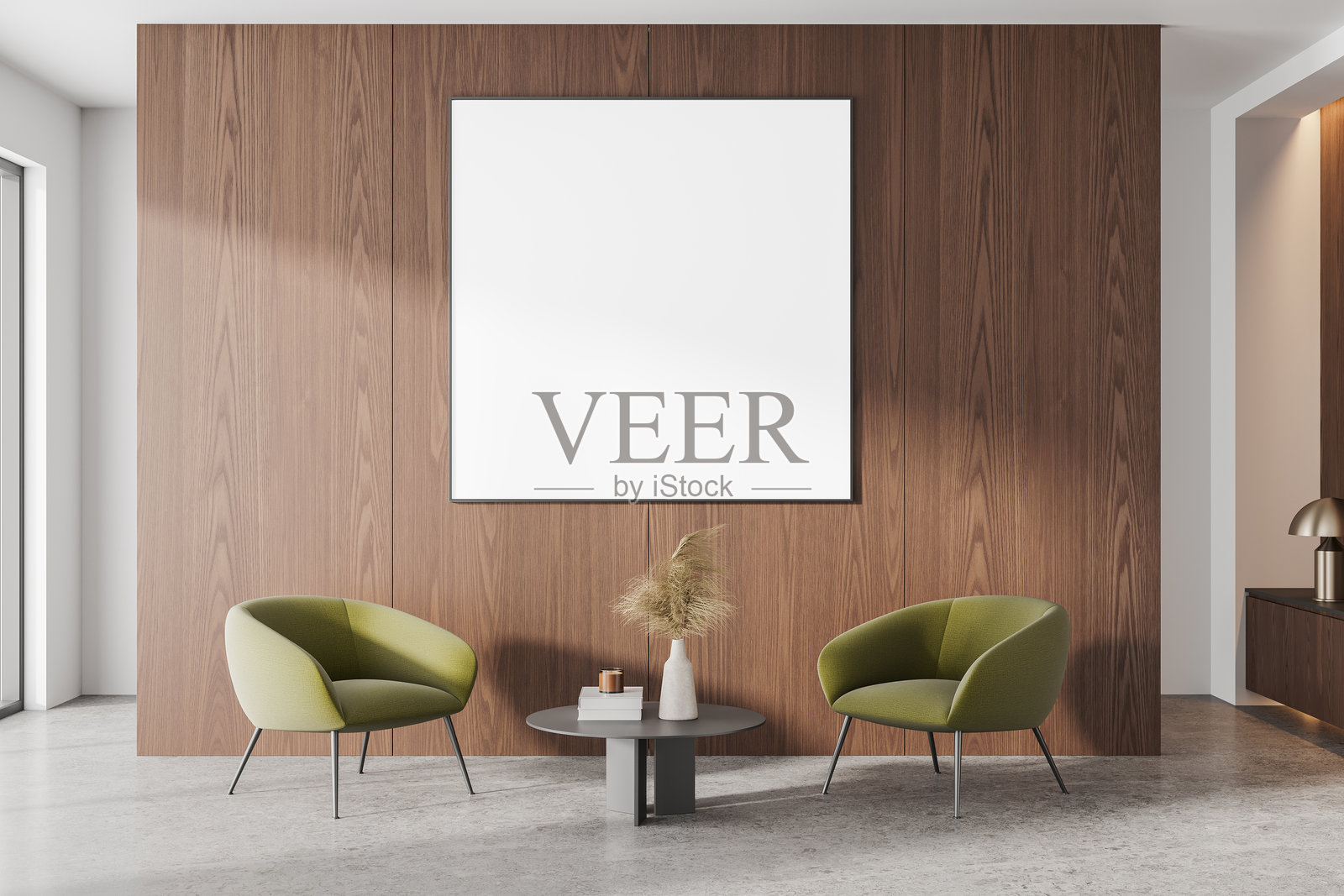 木质家居放松室内,扶手椅和咖啡桌,样板框架照片摄影图片