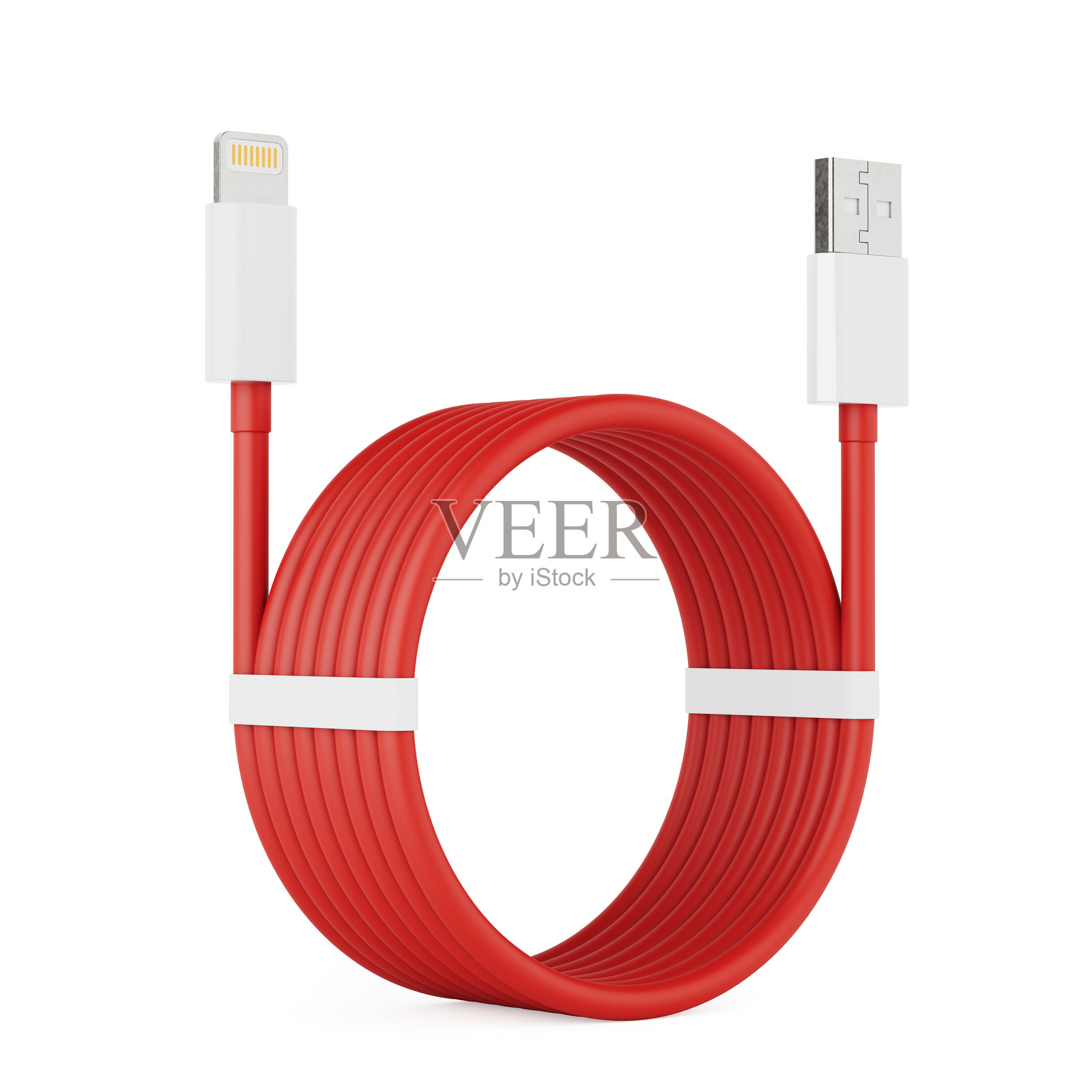 连接和充电解决方案概念。红色USB线整齐地卷成一个环,配有USB-A和Lightning类型连接器。3D渲染。照片摄影图片