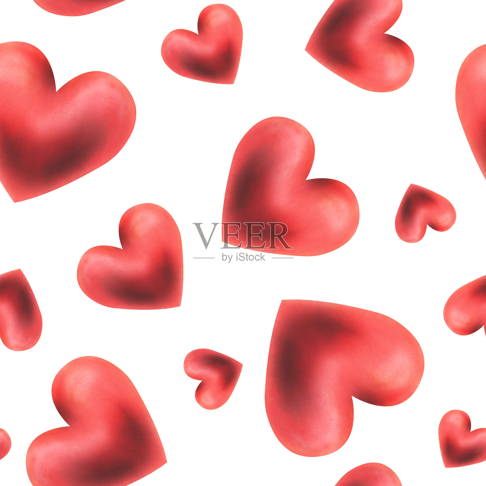 红色热情的心形,体积感十足,大小和倾斜角度各异,适合婚礼和情人节。手绘水彩插图。白色背景上的无缝图案,无限重复。照片摄影图片