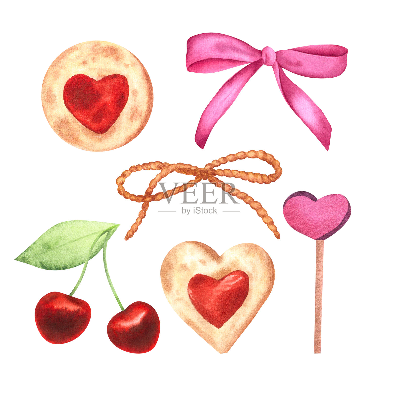 樱桃、心形果酱饼干、棒棒糖、丝带和绳结。手绘水彩孤立插图。用于设计、装饰、卡片和邀请函。来自情人节系列。照片摄影图片
