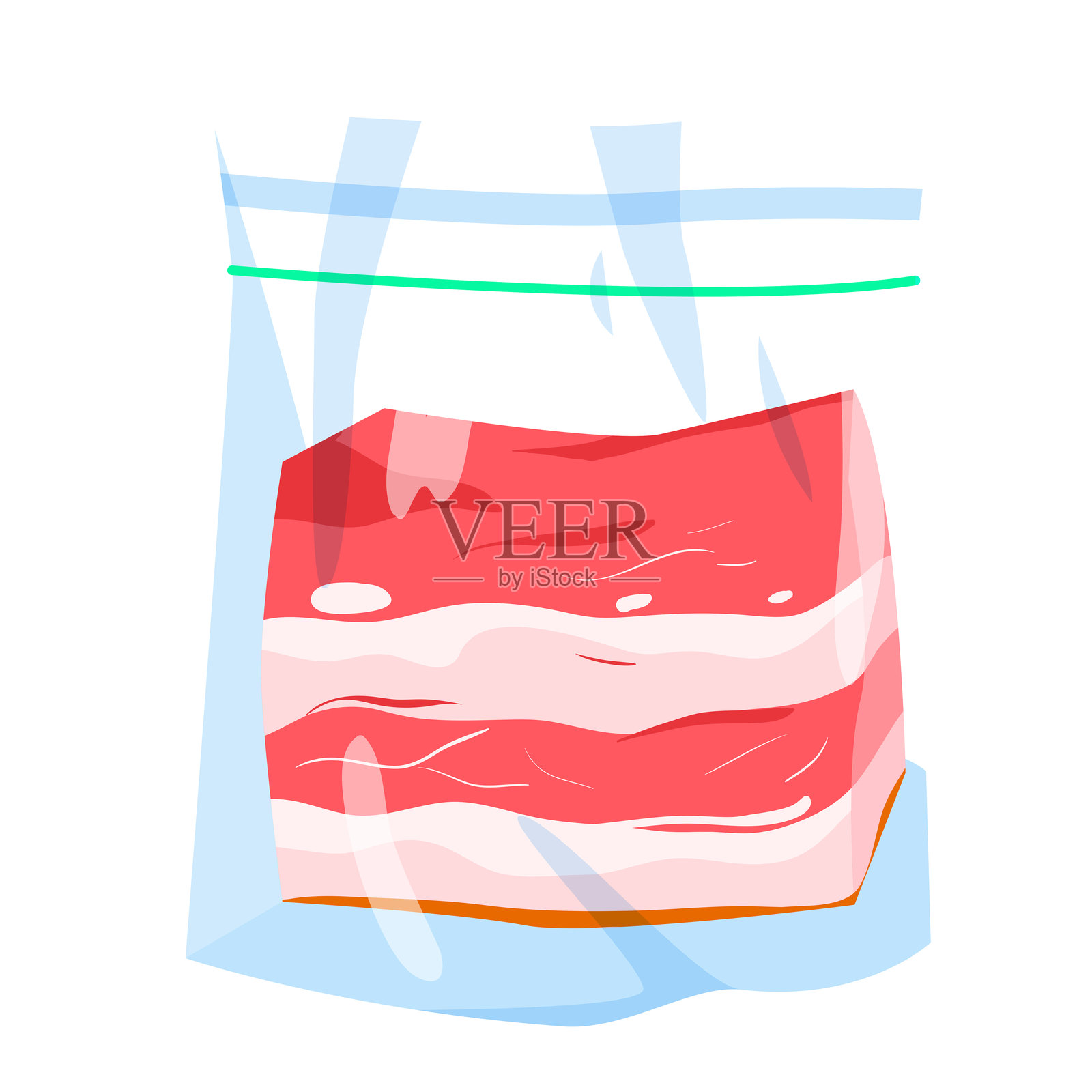 塑料包装中的五花肉,带拉链的培根包装,顶部视角,透明袋子插画图片素材