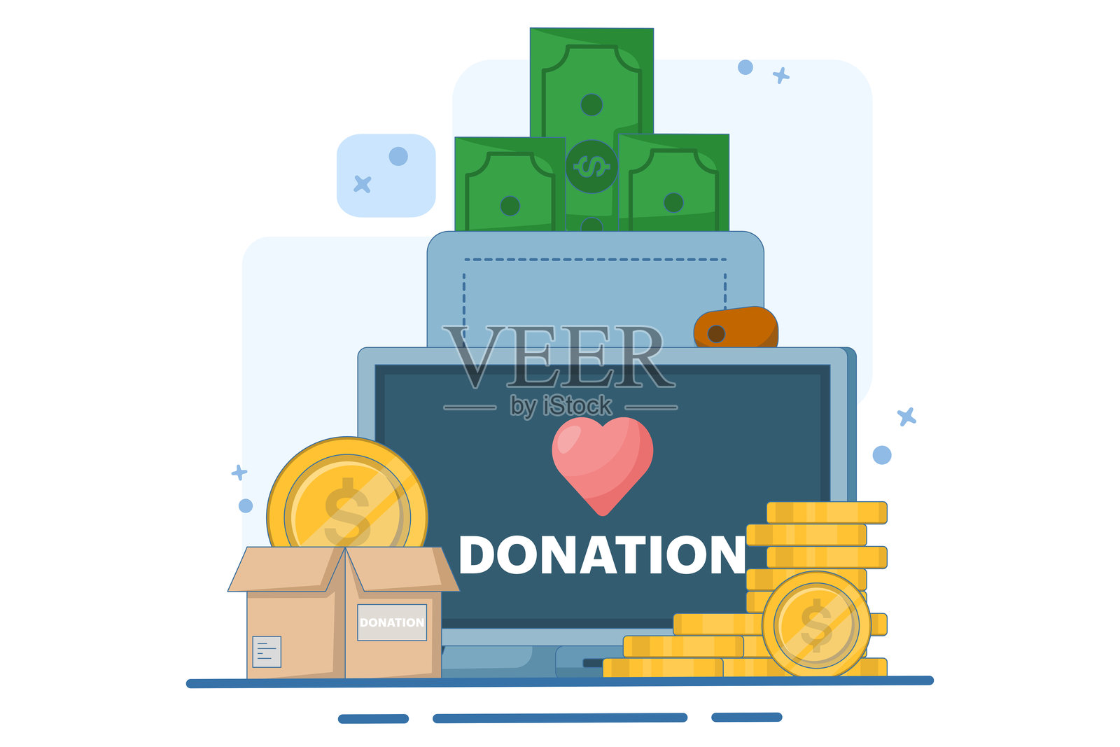 慈善捐赠概念,在线捐款全心关注帮助和支持他人,捐钱或志愿服务,帮助他人的移动社交应用概念。扁平矢量插图。插画图片素材