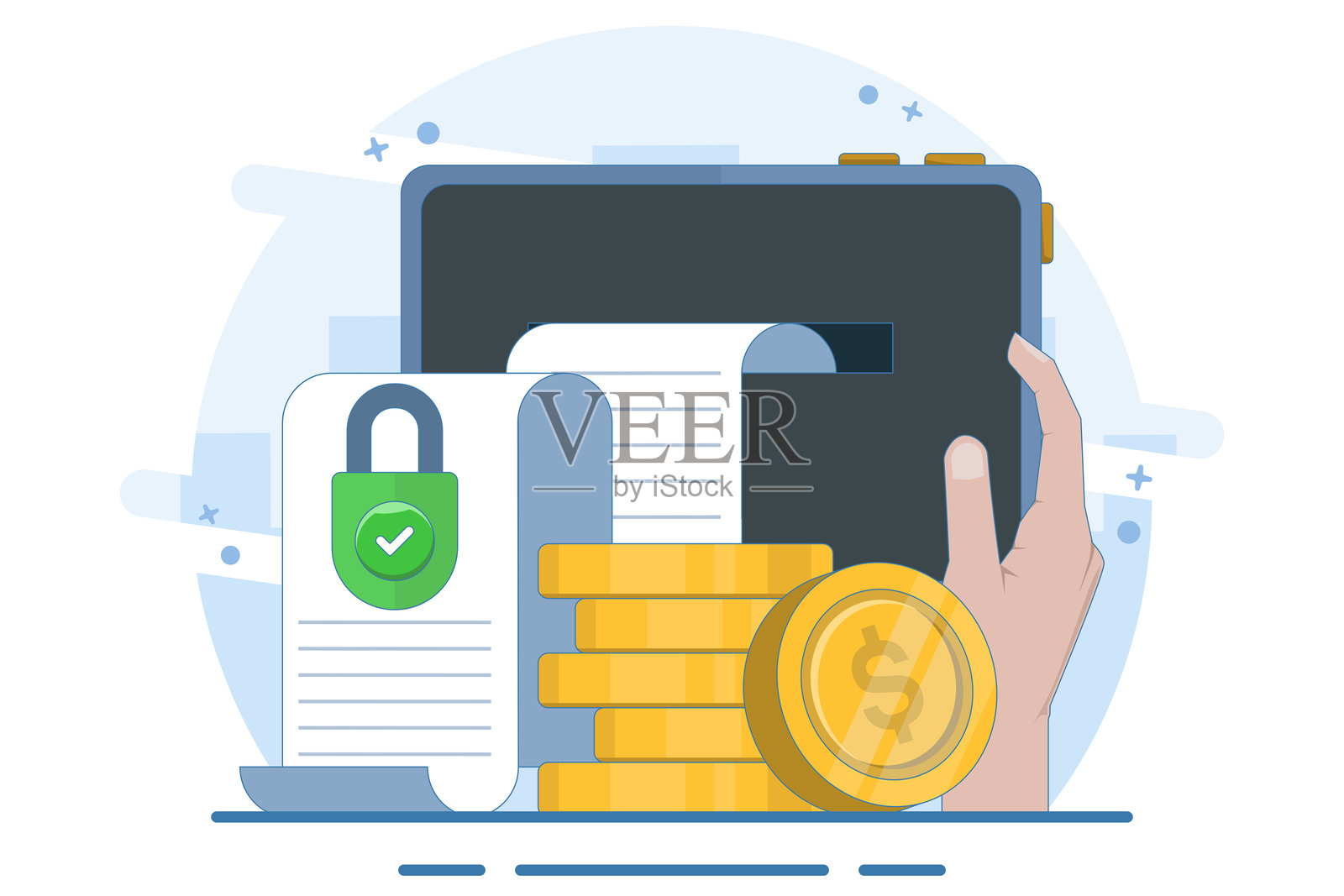 安全私钥文件的概念,作为存款单协议或现金收入保证,隐私保护锁在一堆硬币上,关闭的访问权限。插画图片素材