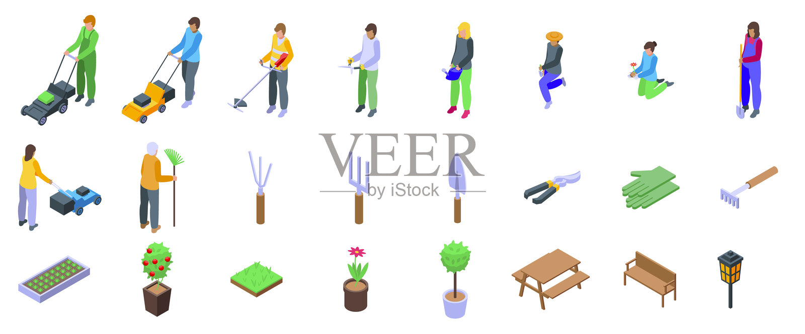 草坪工人图标集等距向量。照顾植物。插画图片素材