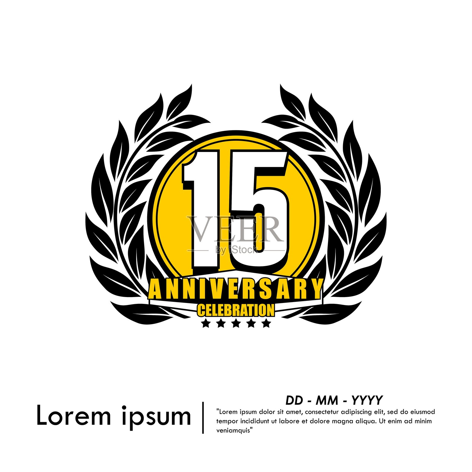 15周年纪念庆典徽章。带月桂树枝的周年纪念标志,背景为白色。适用于网页、传单、海报、邀请卡或贺卡的矢量插图设计模板。插画图片素材