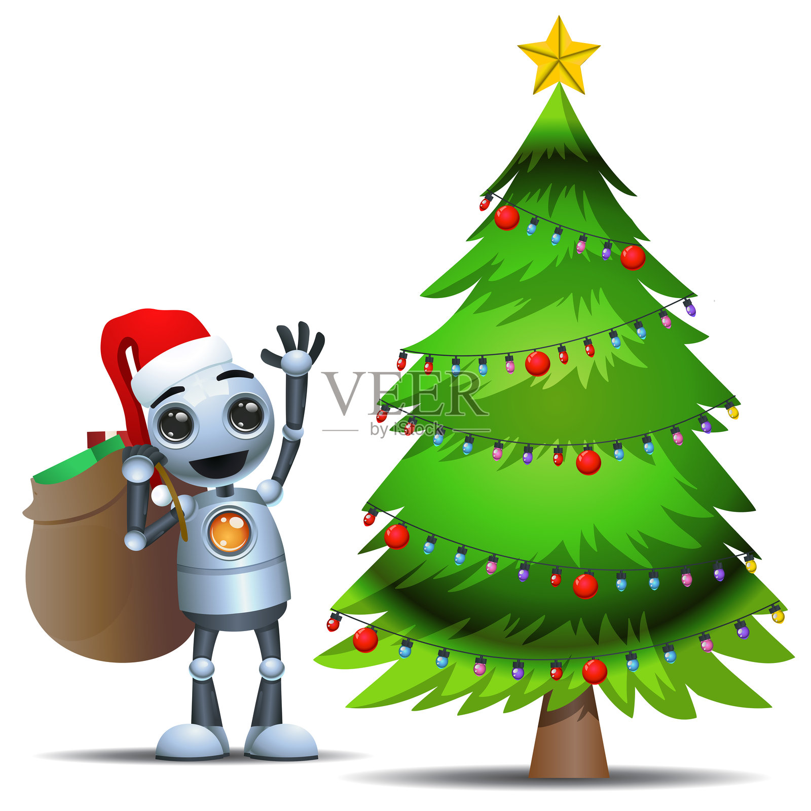 3D插图:一个小机器人工人在圣诞树后面站着插画图片素材