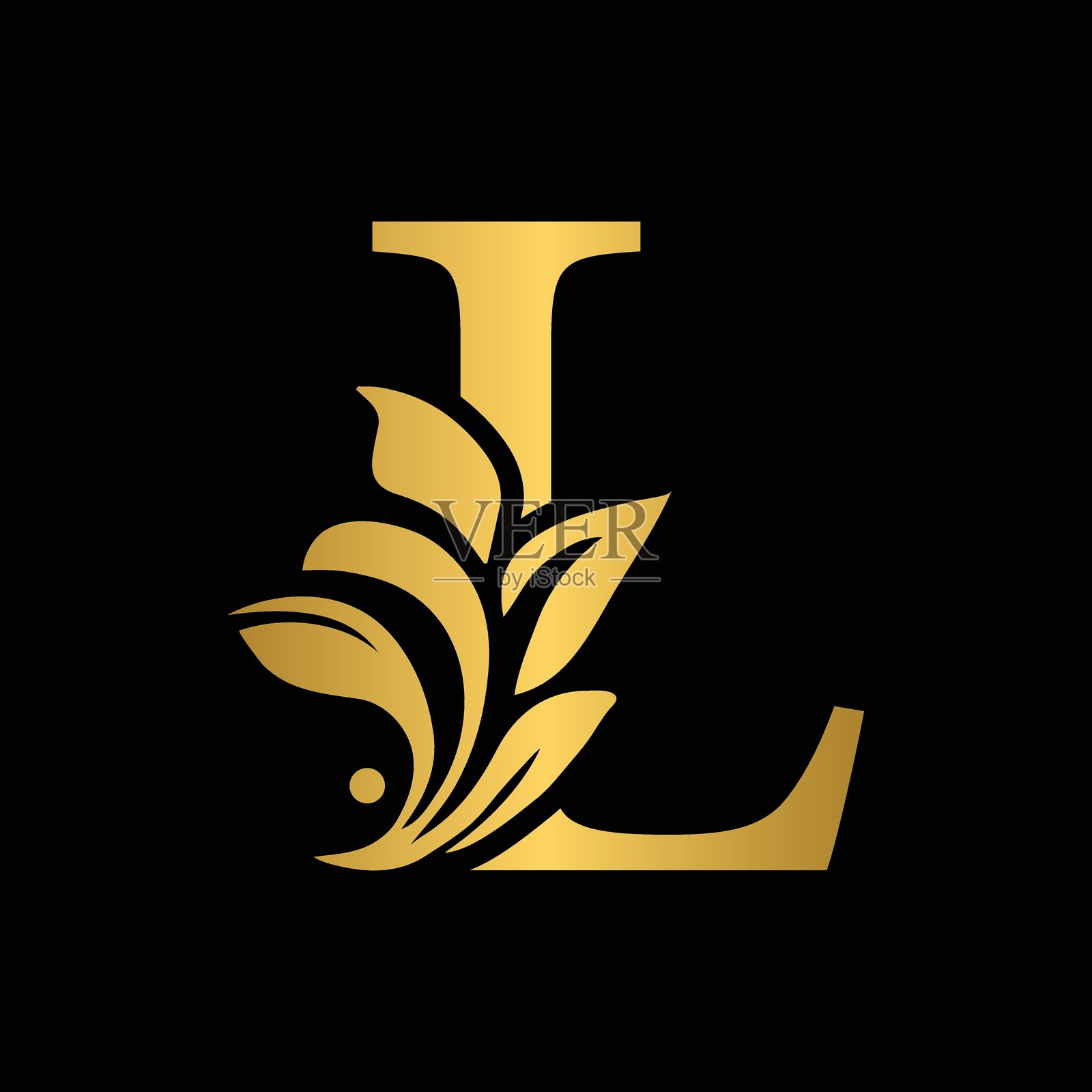 金色字母L。复古金色花卉装饰的首字母。插画图片素材