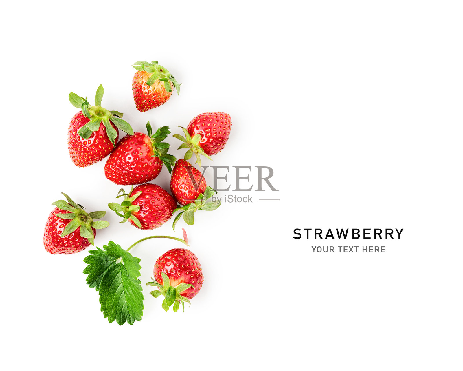 草莓水果的排列摄影,背景为白色。照片摄影图片