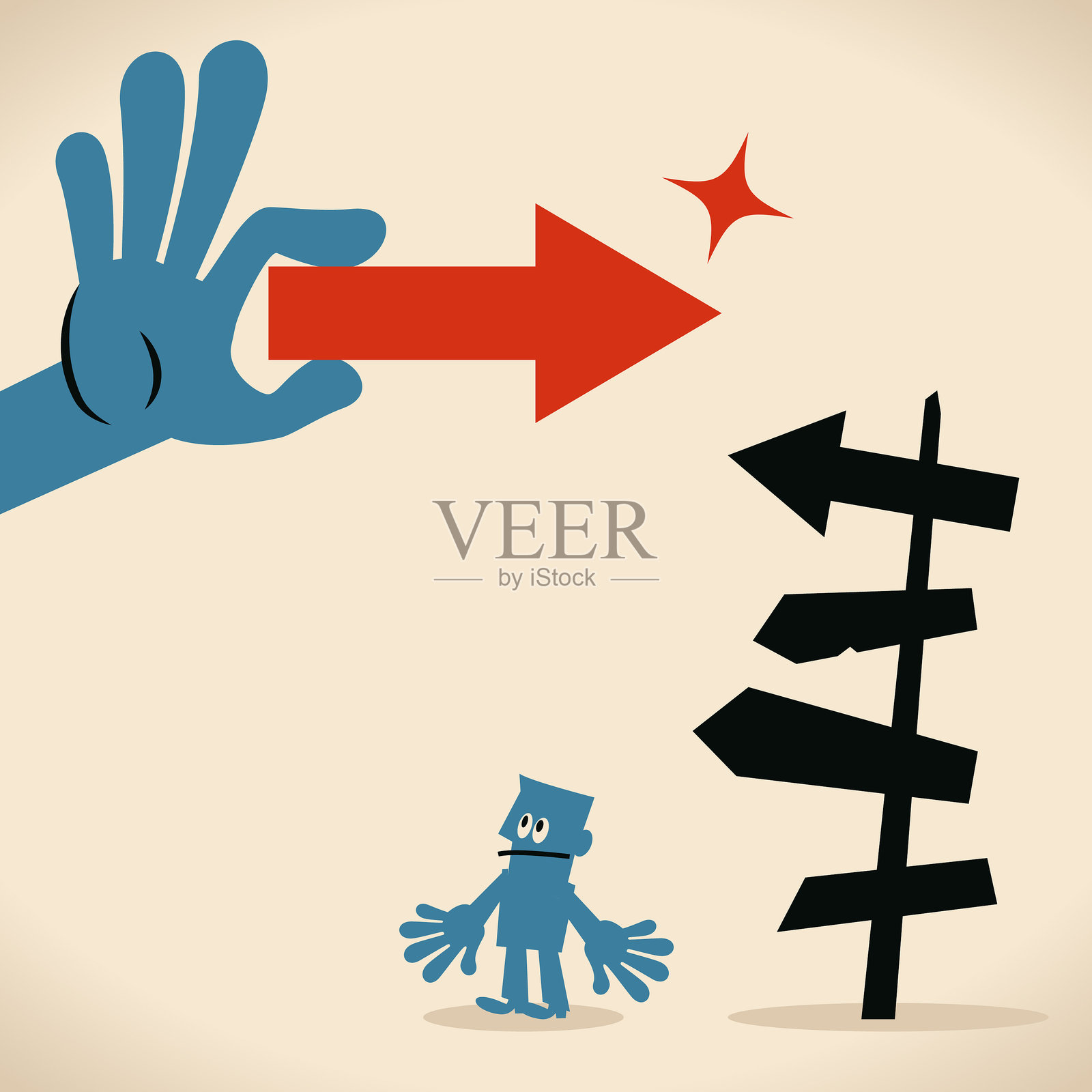 商人站在方向标志前,一只大手向相反方向展示箭头标志插画图片素材