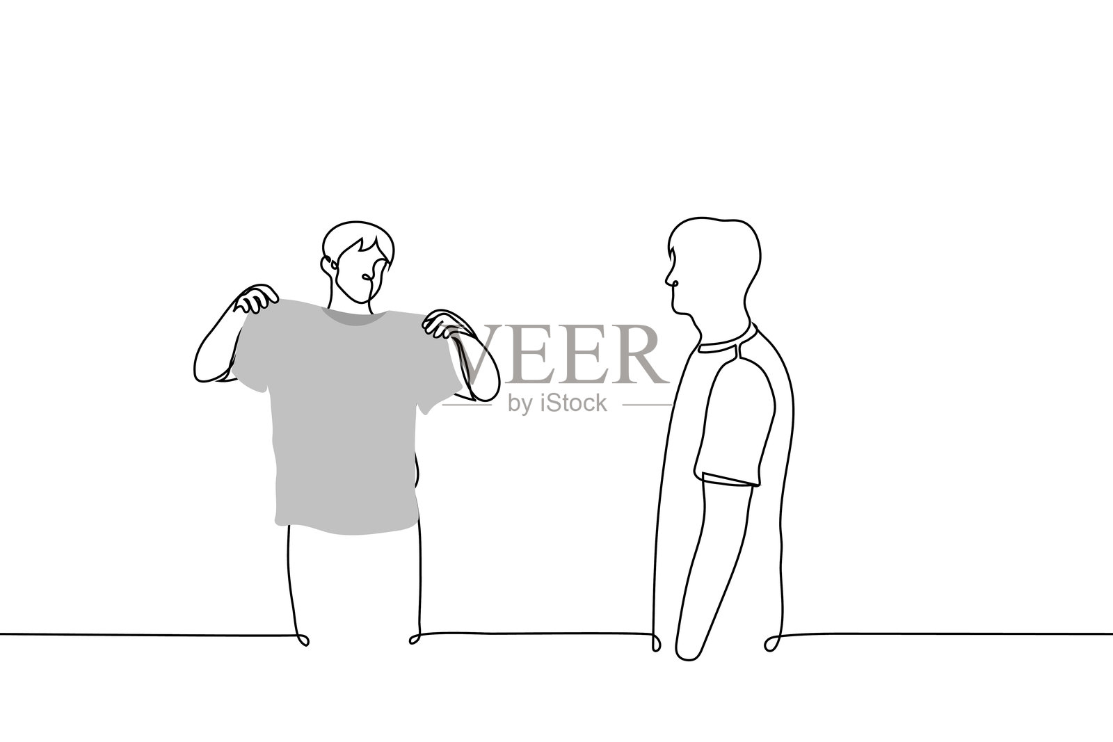 站着的人向另一个人展示一件t恤——一条线画矢量。概念t恤卖家说服顾客购买t恤插画图片素材