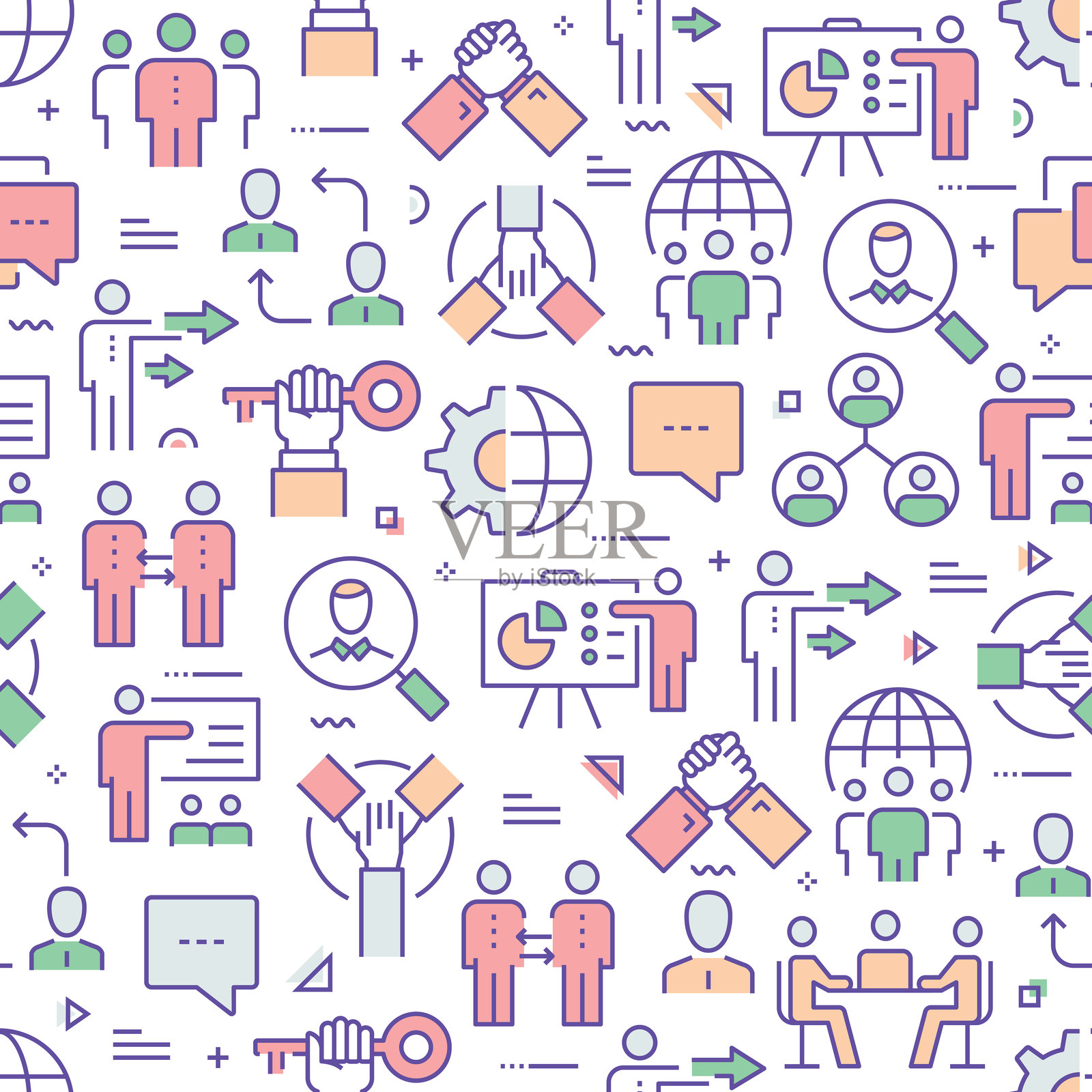 矢量设计模板集和元素为业务人员流行的线性风格-无缝模式与线性图标相关的业务人员-矢量插画图片素材