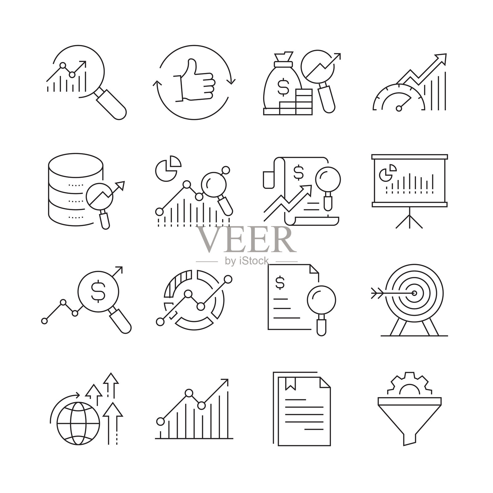 研究和分析相关矢量线图标的简单集。大纲符号集合。可编辑的中风插画图片素材