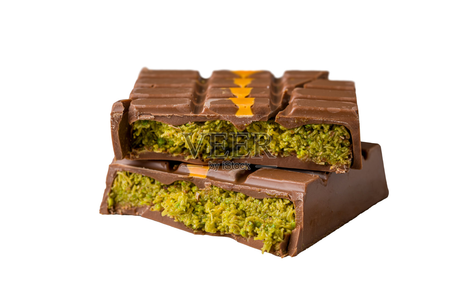 迪拜巧克力棒,配有绿色卡达伊夫和花生酱,背景为白色照片摄影图片