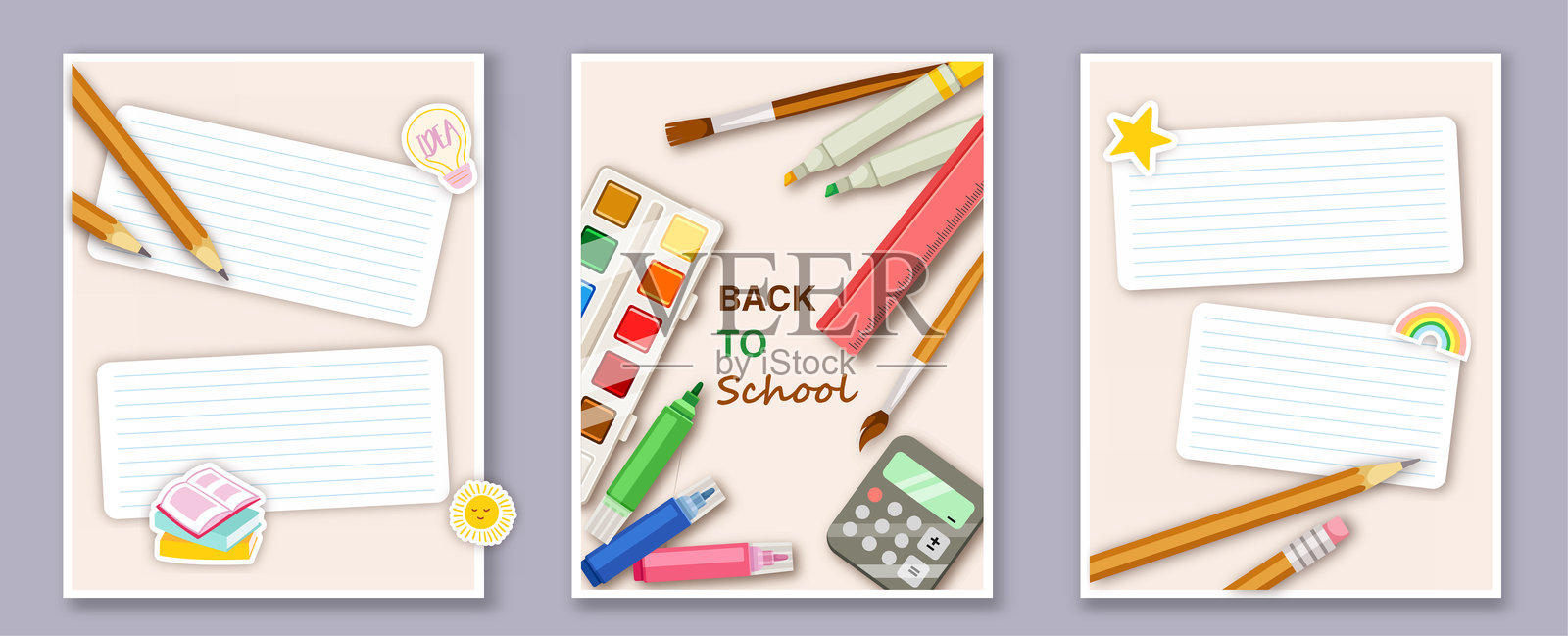 返校海报套装。铅笔、水彩画和马克笔。文具和配件。教育与学习、培训。平面矢量集合。插画图片素材