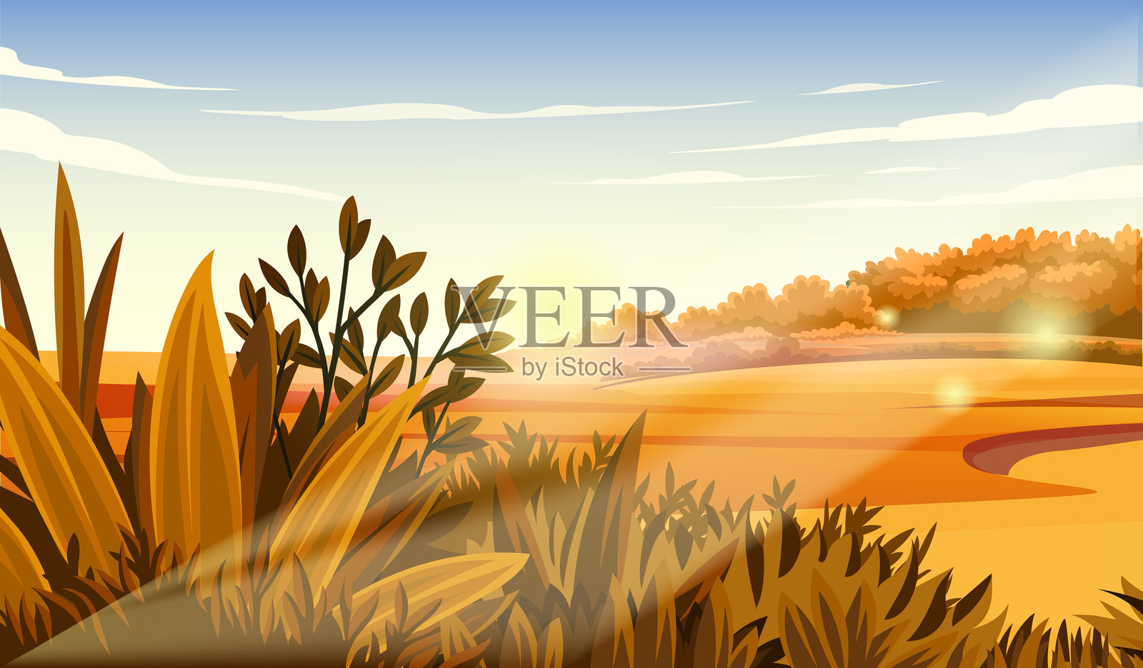 美丽的秋季自然风光。秋天的自然景色。橙色灌木和草坪的山丘。背景和海报。横向自然风景。平面矢量插图。插画图片素材