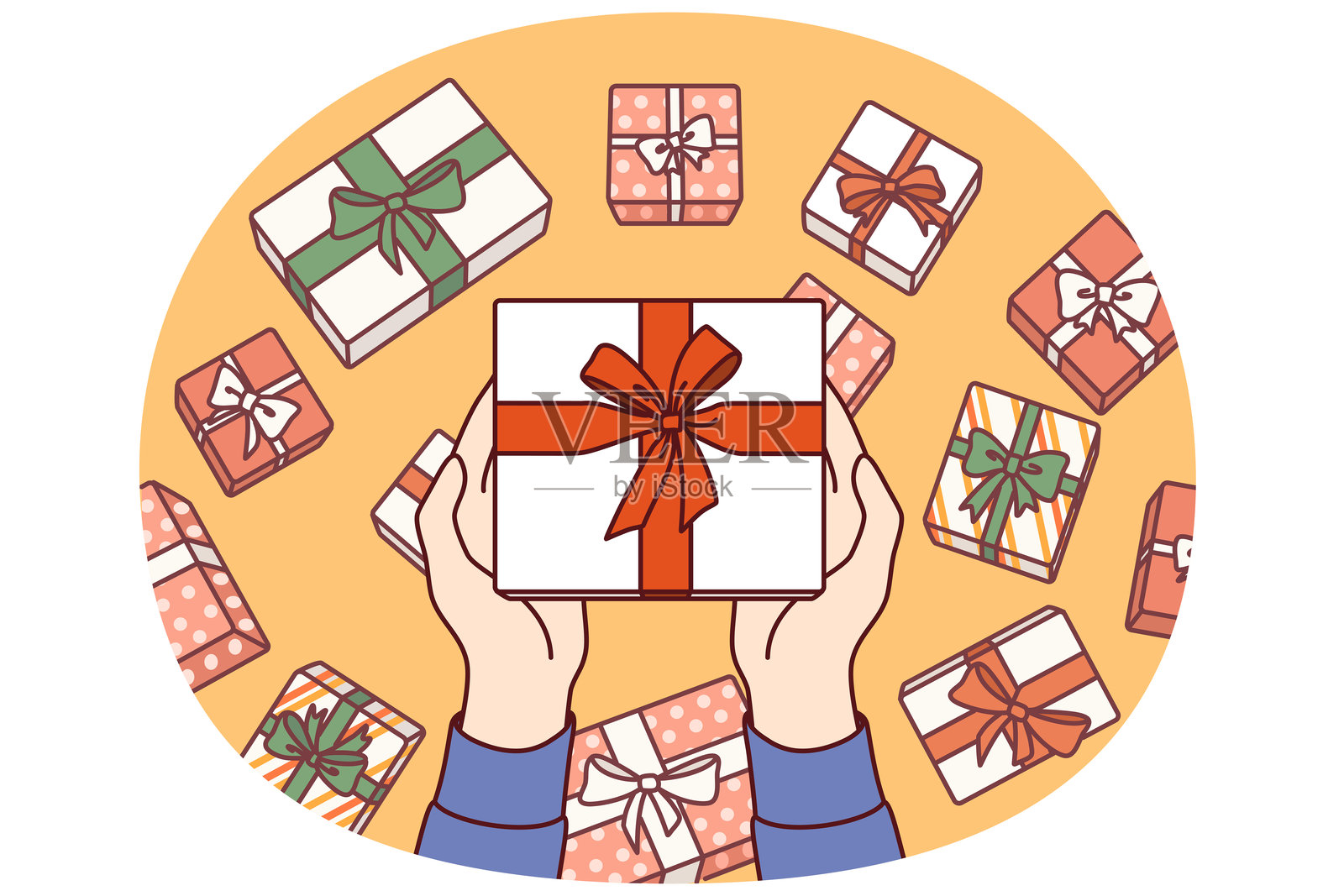 手中捧着用红色丝带和蝴蝶结包装的礼品盒,展示节日礼物的包装选择插画图片素材