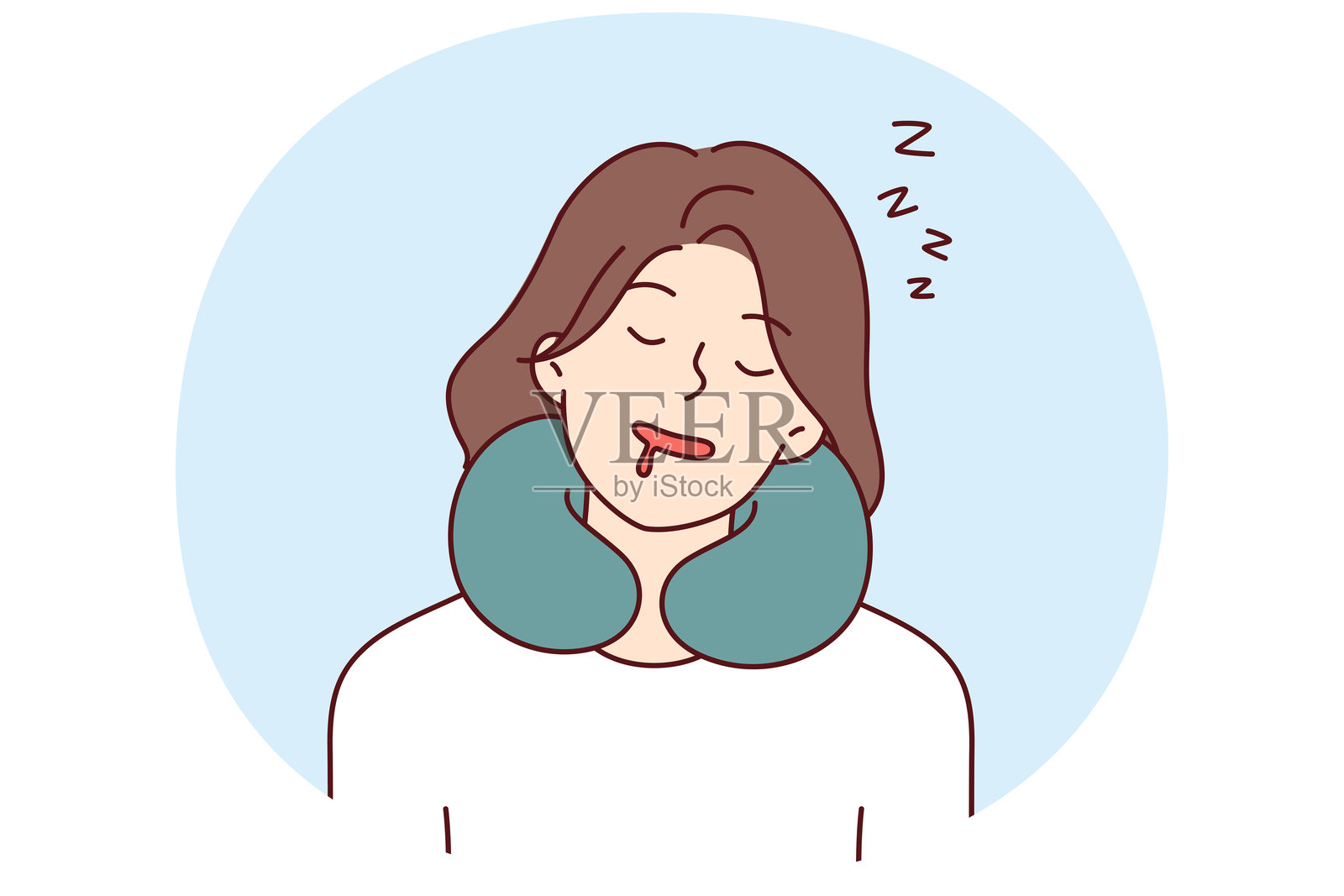 女性在旅行中使用颈枕安睡,享受旅行靠垫带来的舒适感插画图片素材