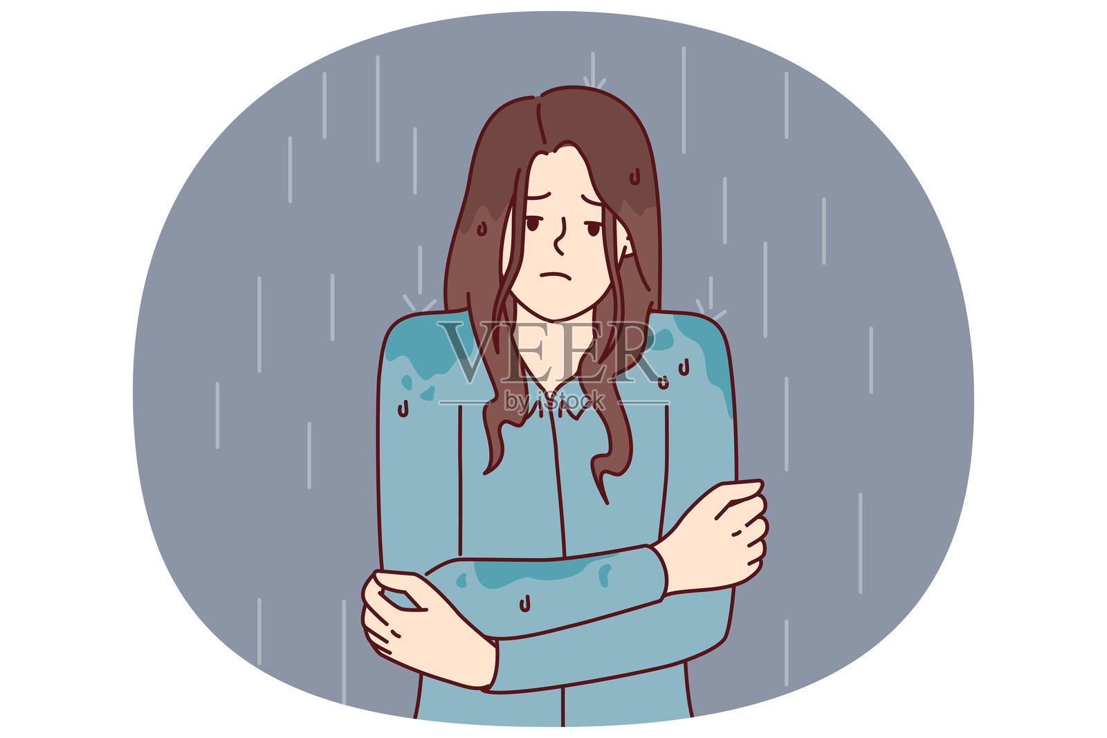 女人在雨中瑟瑟发抖,没有外套,面临生病和感冒的风险插画图片素材