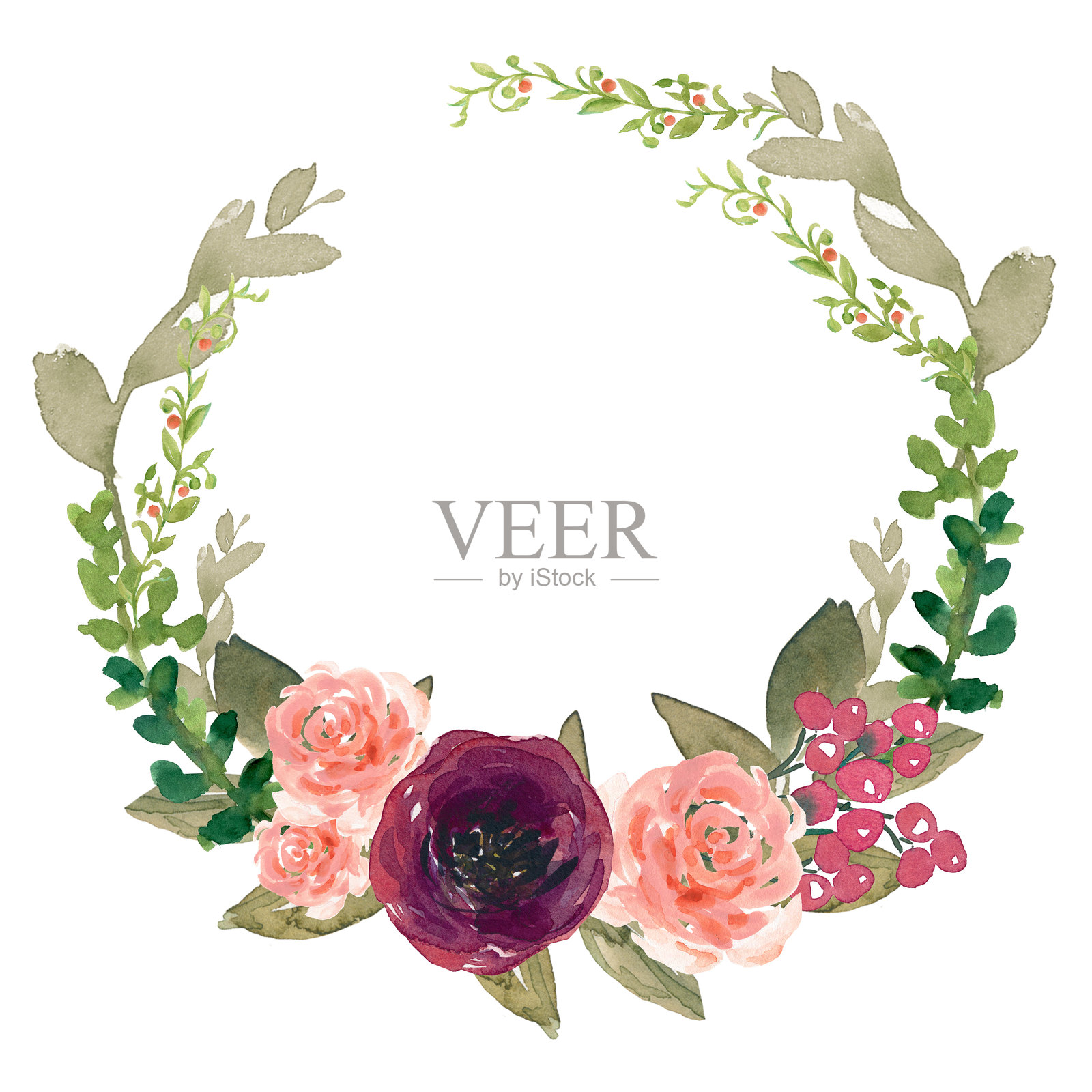 冬季植物、浆果、花朵、叶子、绿色和棕色的枝条水彩花环照片摄影图片