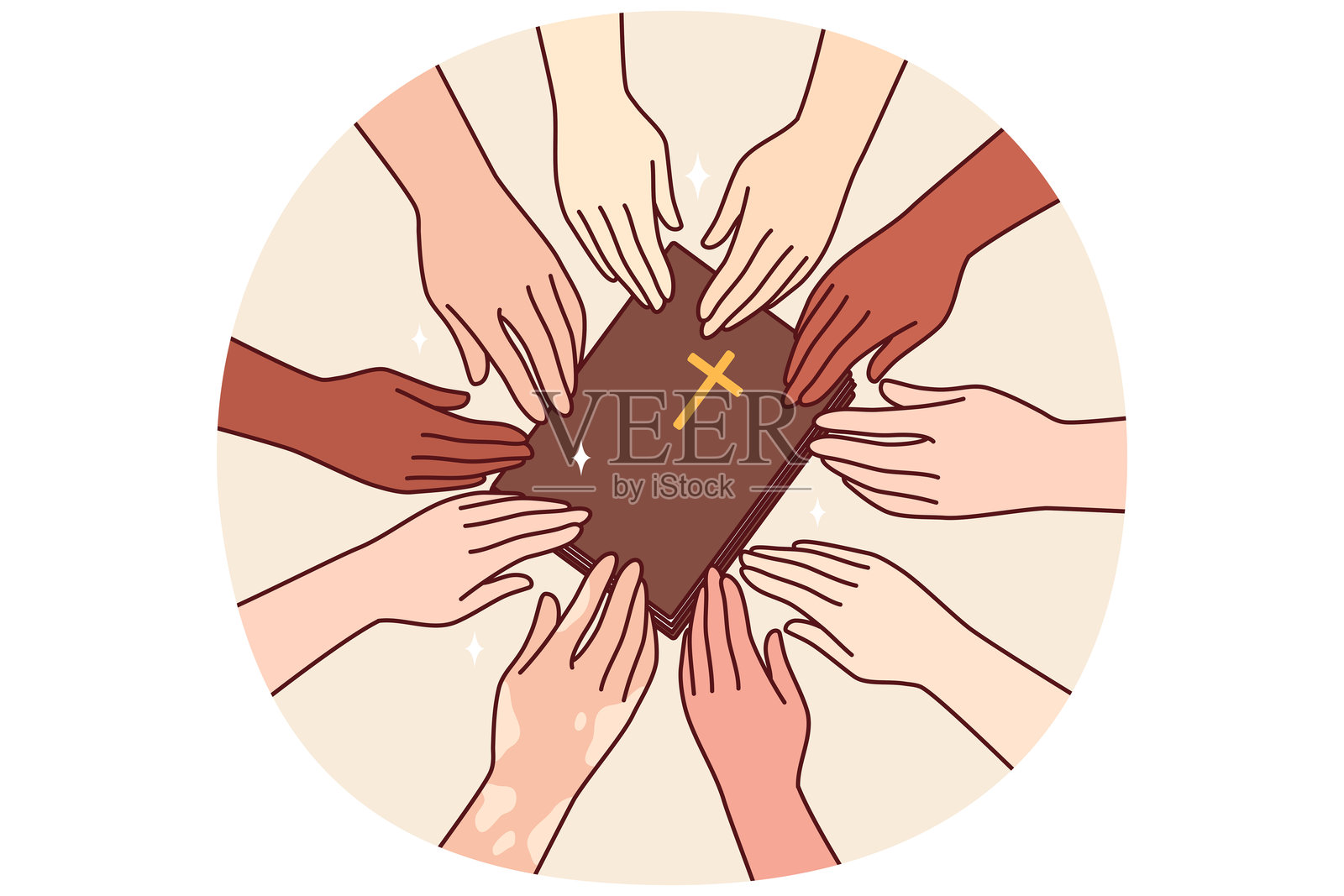 多种族人们手中拿着基督教圣经,尊重天主教信仰并希望学习祷告。插画图片素材