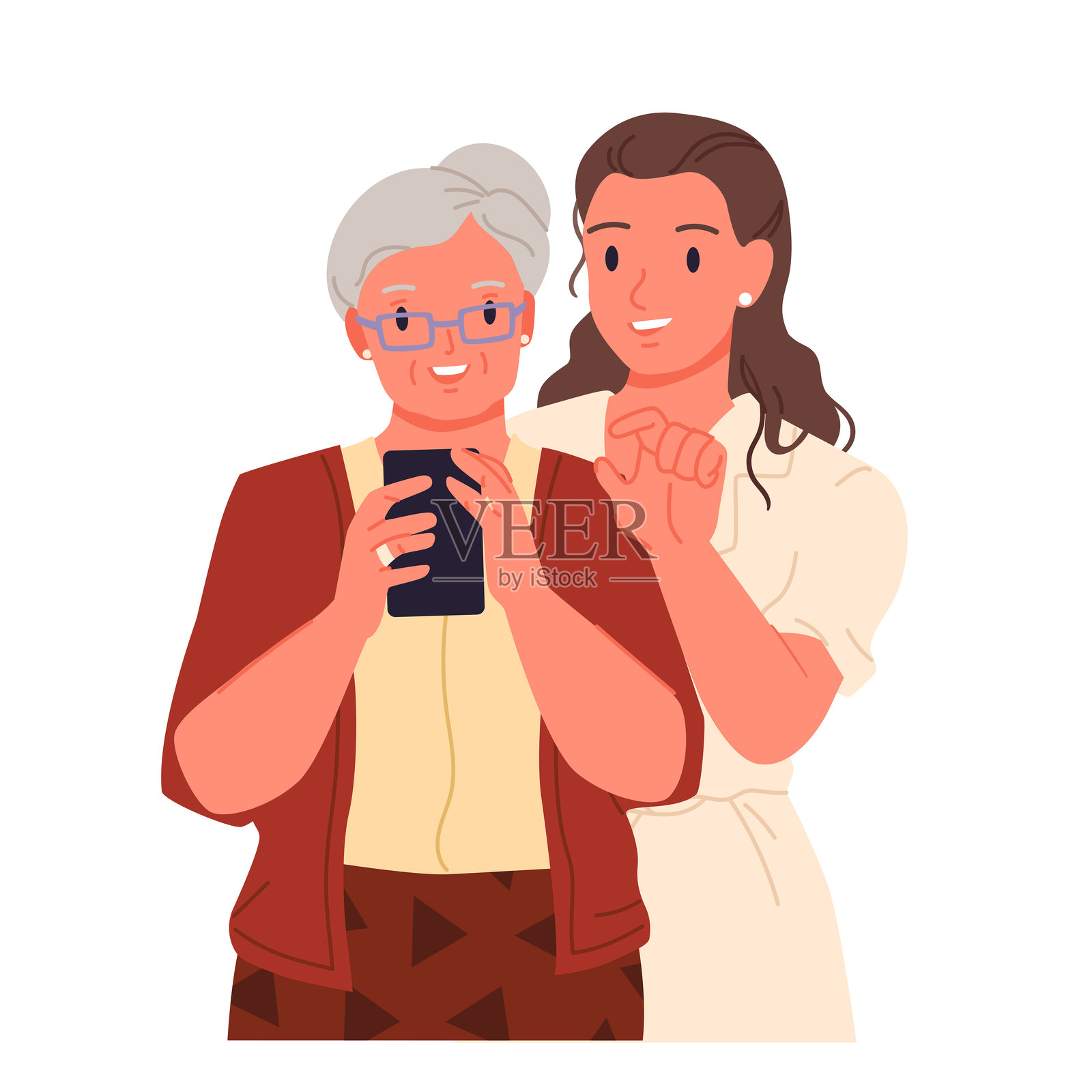 年轻女性帮助年长的祖母使用手机,祖母手里拿着手机。插画图片素材