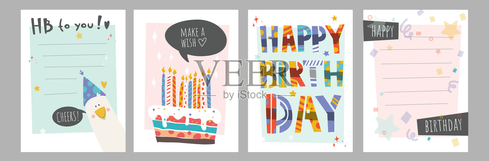 四款生日卡设计的趣味矢量图集。包括带有“祝你生日快乐”的派对帽、写有“许个愿”的蜡烛蛋糕、醒目的“生日快乐”字母,以及用于留言的空白模板。插画图片素材