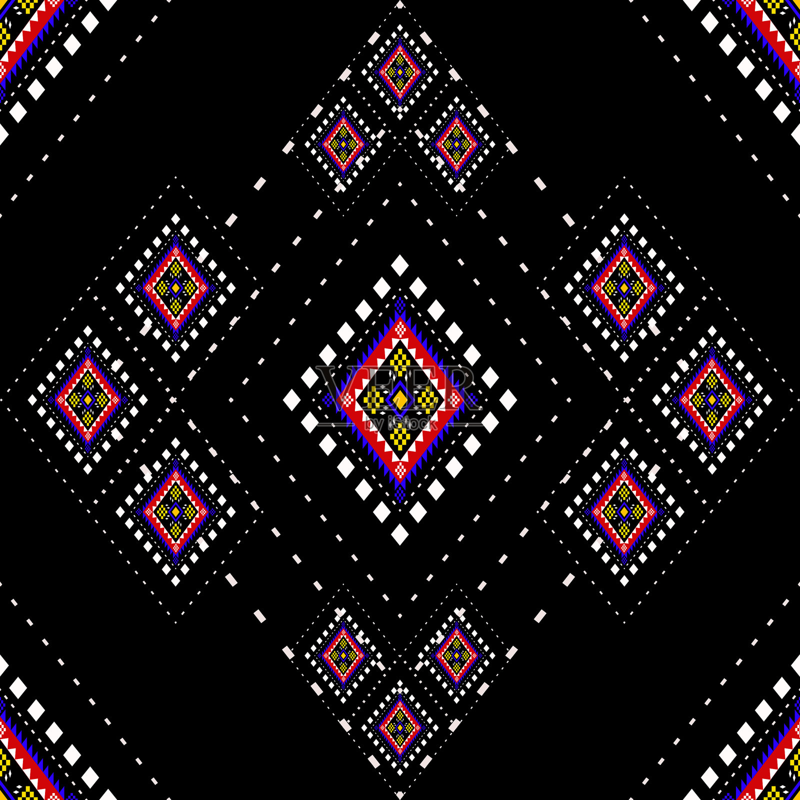 纳瓦霍部落矢量无缝图案。几何民族花卉图案,泰丝刺绣设计,适用于装饰家居地毯、窗帘和抱枕,波西米亚风格几何装饰。伊卡特花卉印度风格。插画图片素材
