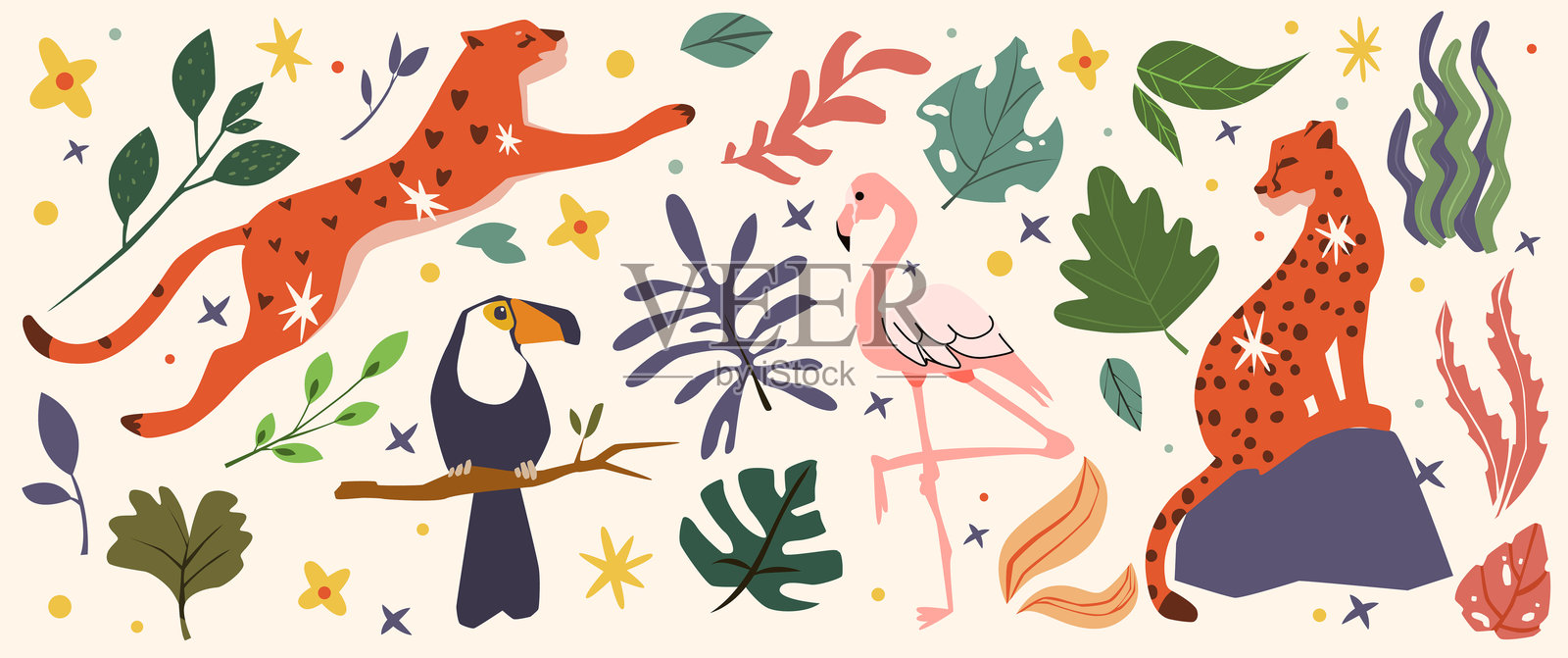 热带植物和叶子中的丛林动物,如豹子、巨嘴鸟和火烈鸟。与野生动物、自然和异国主题相关的贴纸。矢量插图集。插画图片素材