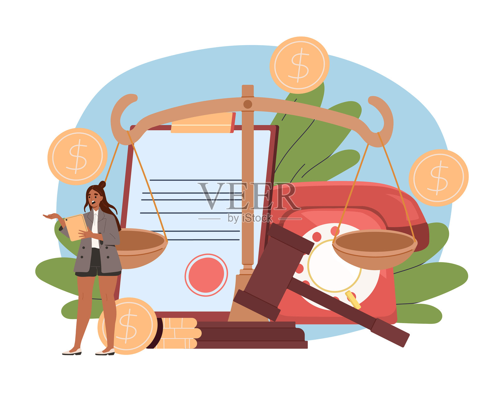 债权人与文件。手持法官天平、电话和文件的女性。商业交易的法律支持。公司的破产。扁平矢量插图。插画图片素材