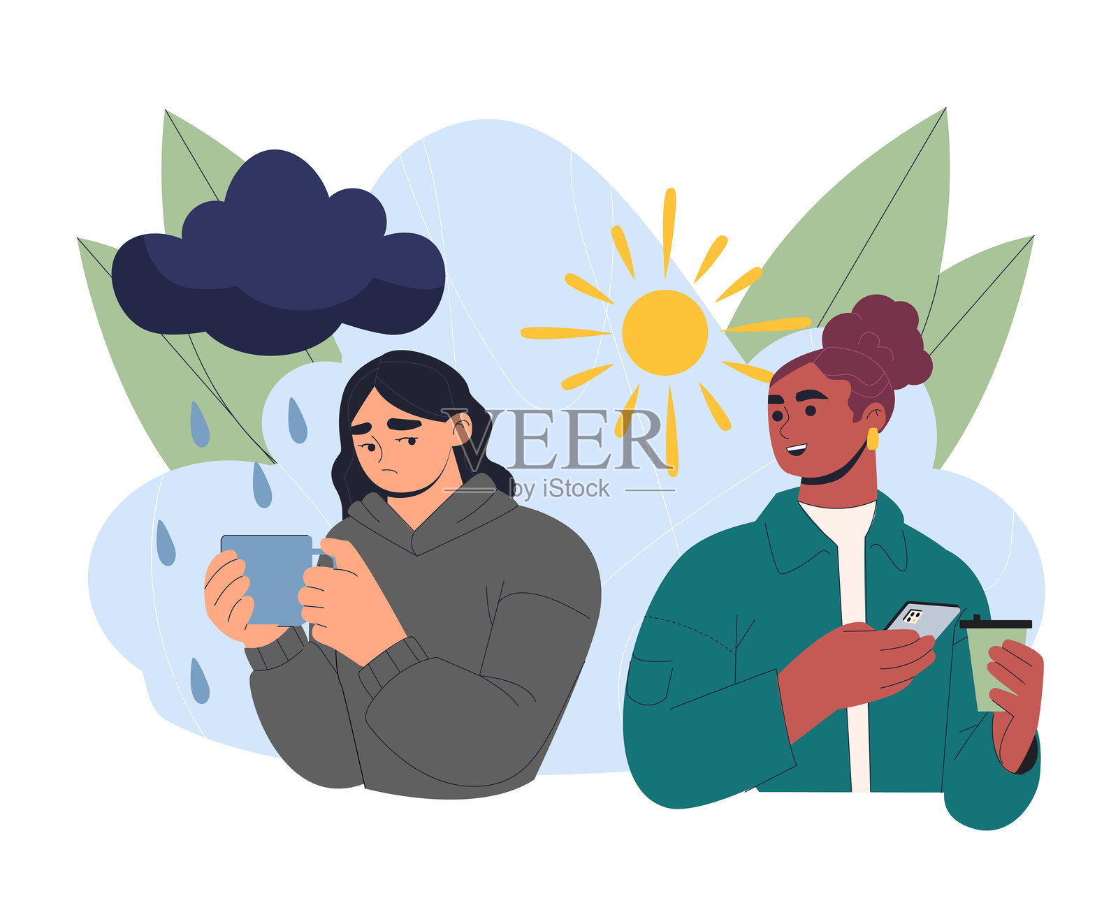 不同的情绪天气。女人在雨中,年轻女孩在阳光下。抑郁与沮丧。悲伤与快乐。感受与情感。扁平矢量插图插画图片素材