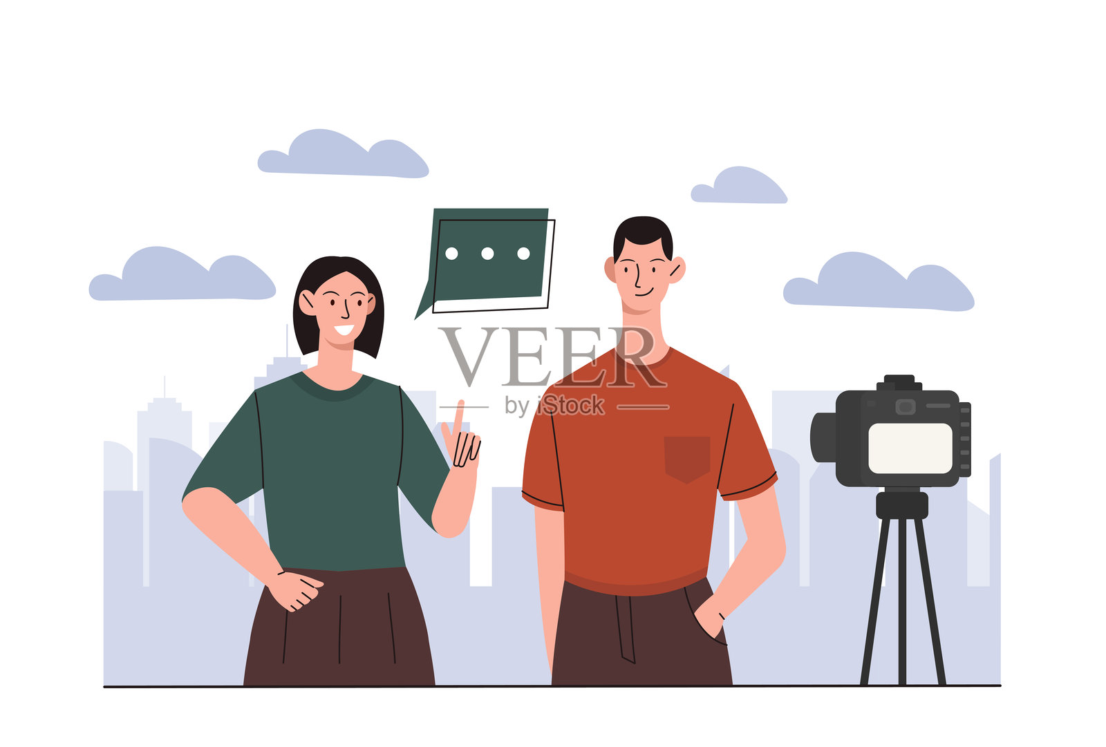 博主录制视频。男女站在摄像机前。才华横溢的网红为社交网络和视频平台创作内容。扁平化矢量插图。插画图片素材