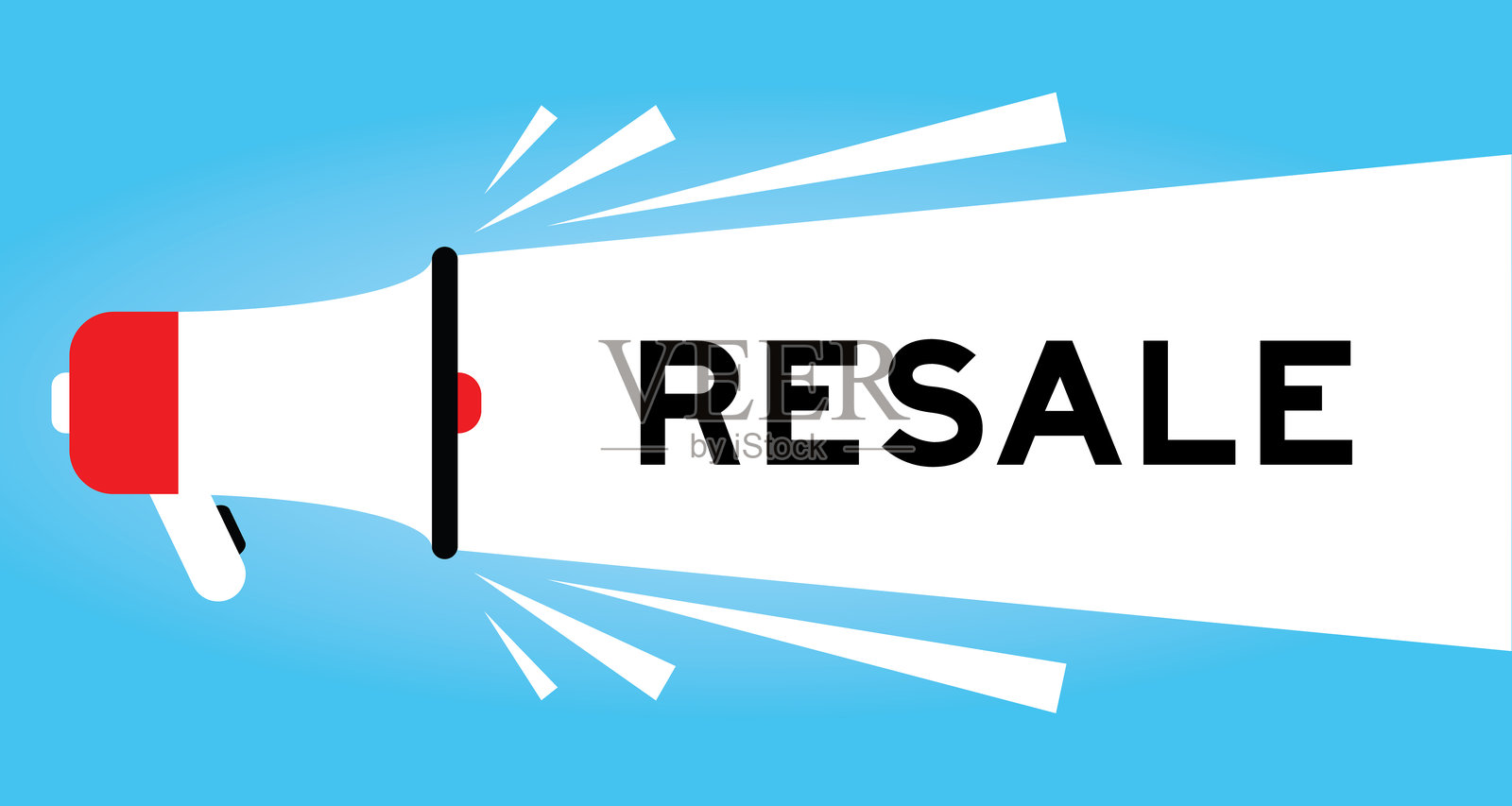 蓝色背景上带有白色横幅的彩色扩音器图标,横幅上写着“转售”字样。插画图片素材