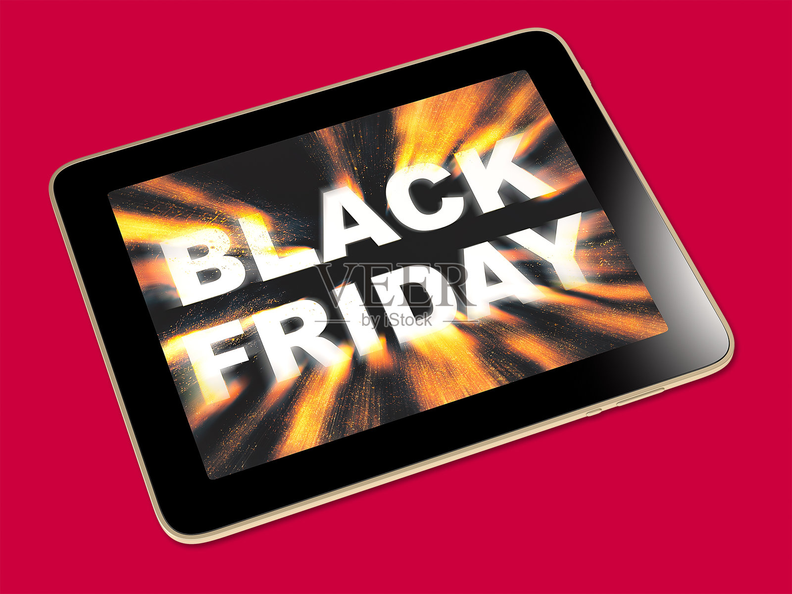 红色背景下数字平板上的“黑色星期五”文字的高角度视图照片摄影图片