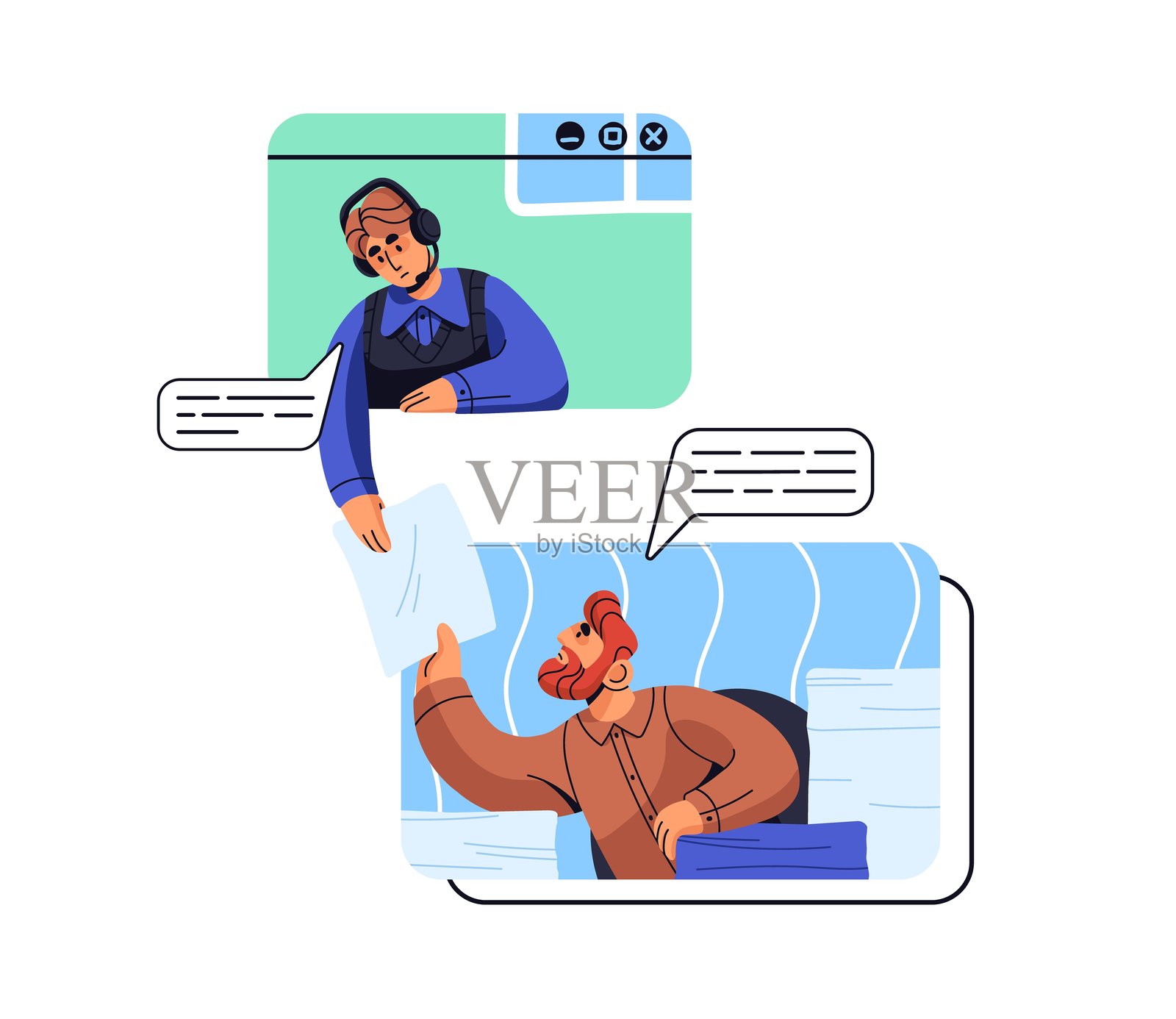 人们通过视频会议交流。远程沟通。帮助台操作员佩戴耳机,支持服务的员工通过电话远程提供帮助。白色背景上的扁平孤立矢量插图。插画图片素材