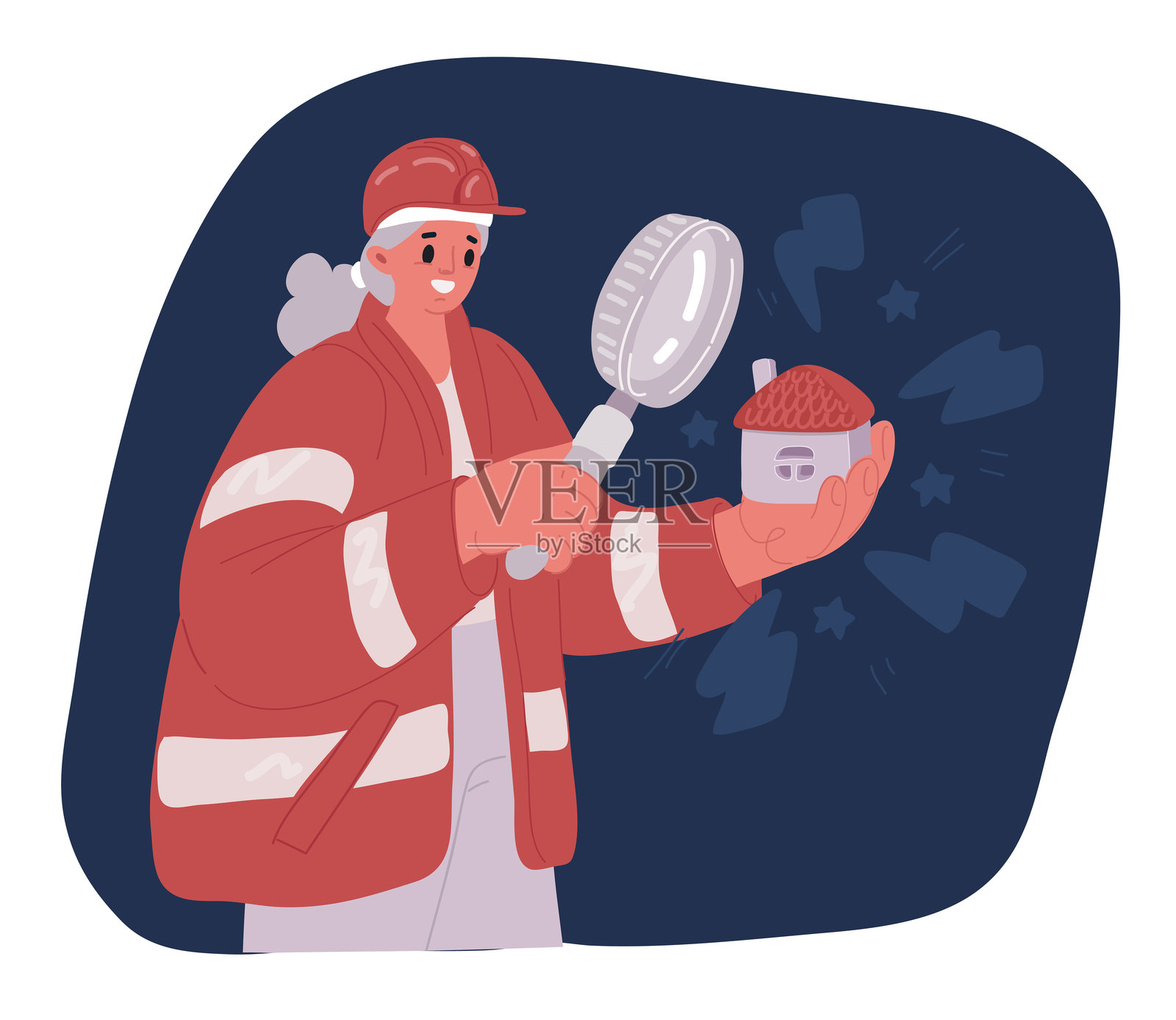 寻找新房子和房地产概念的卡通矢量插图。年轻积极的商业女性站在用放大镜放大看房子或住宅建筑的细节进行交易插画图片素材