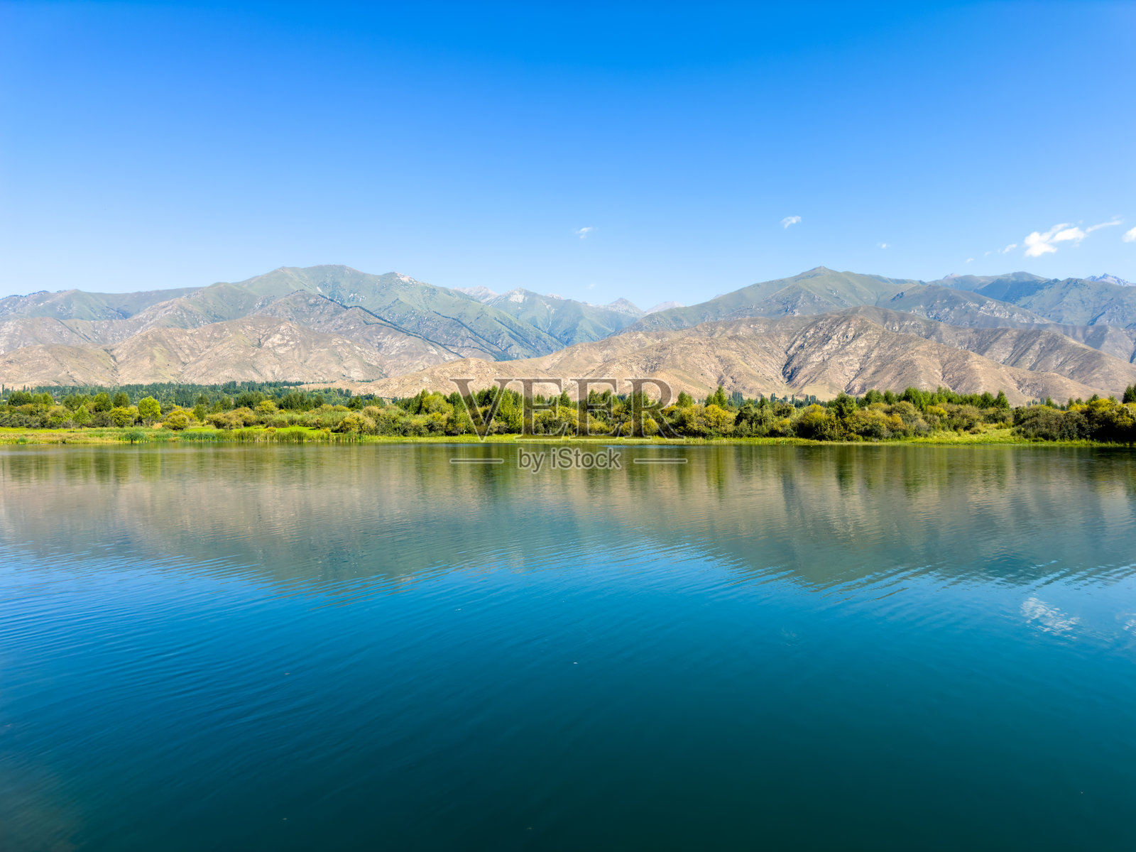 一座木制楼梯通向伊塞克湖清澈的水面,水下植被清晰可见。这里是水上放松和享受大自然的完美场所。照片摄影图片