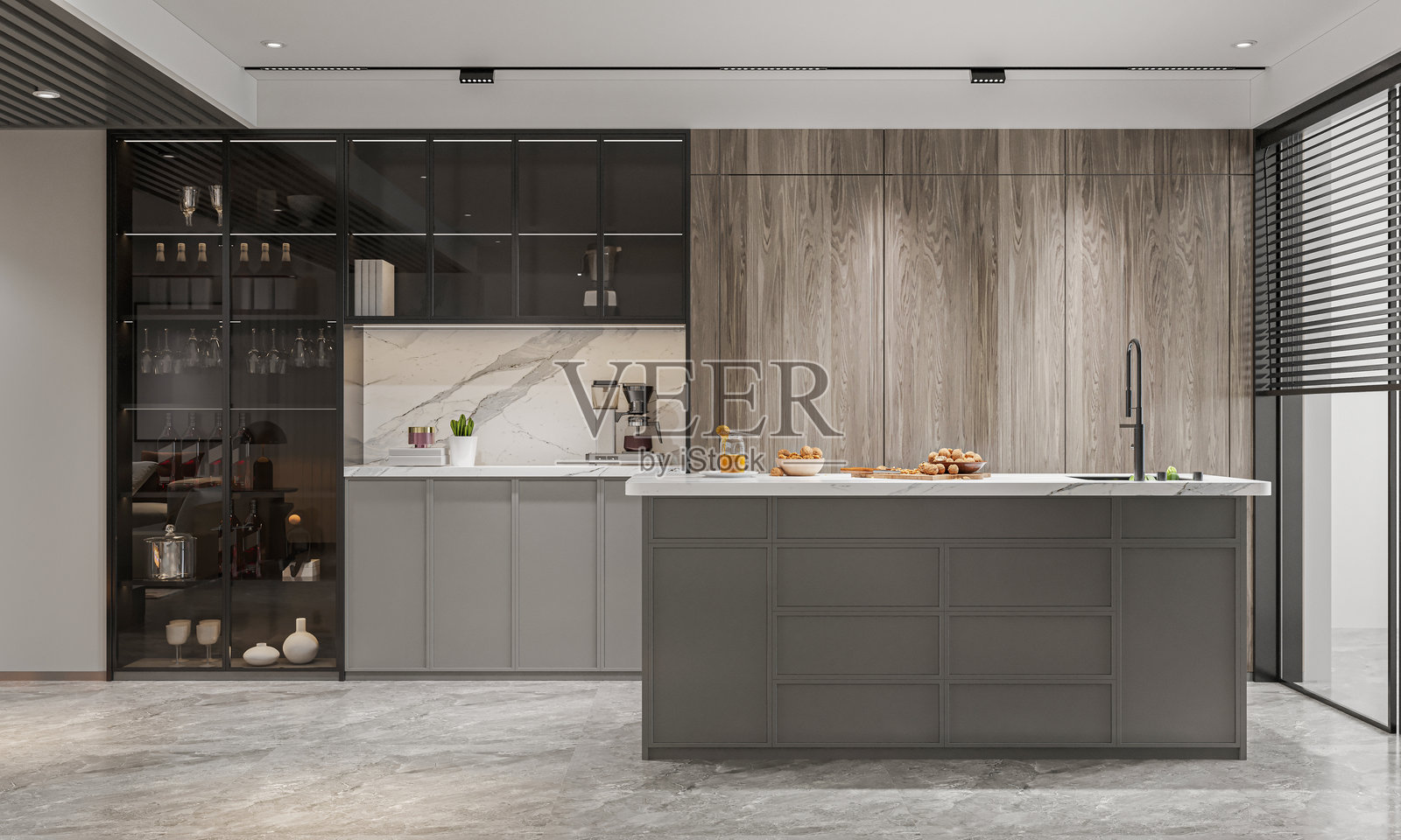 现代简约风格厨房房间3D渲染图。照片摄影图片