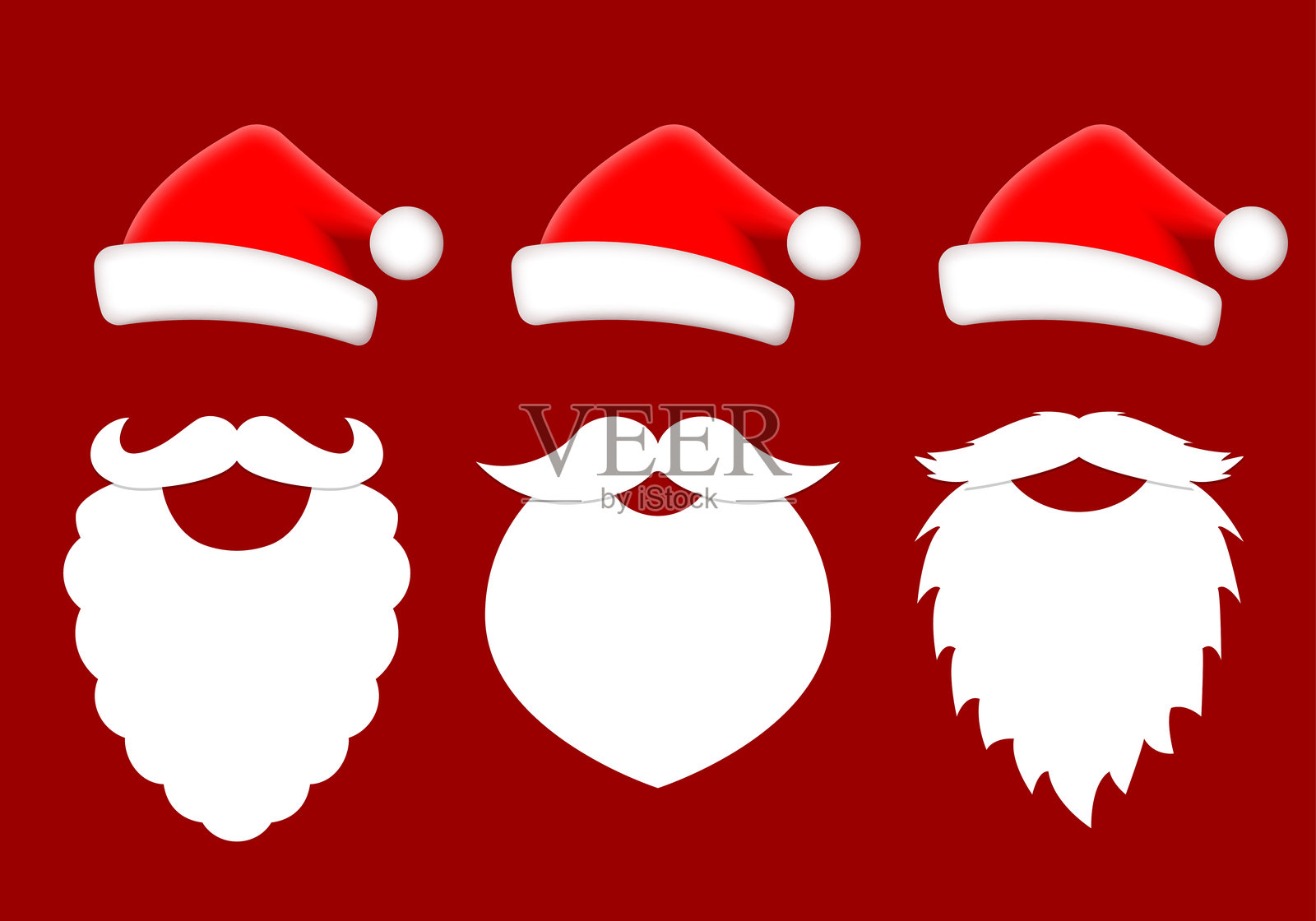 圣诞老人胡须和小胡子的图标集,配有圣诞帽。圣诞快乐贺卡设计元素。圣诞节模板。矢量插图。插画图片素材