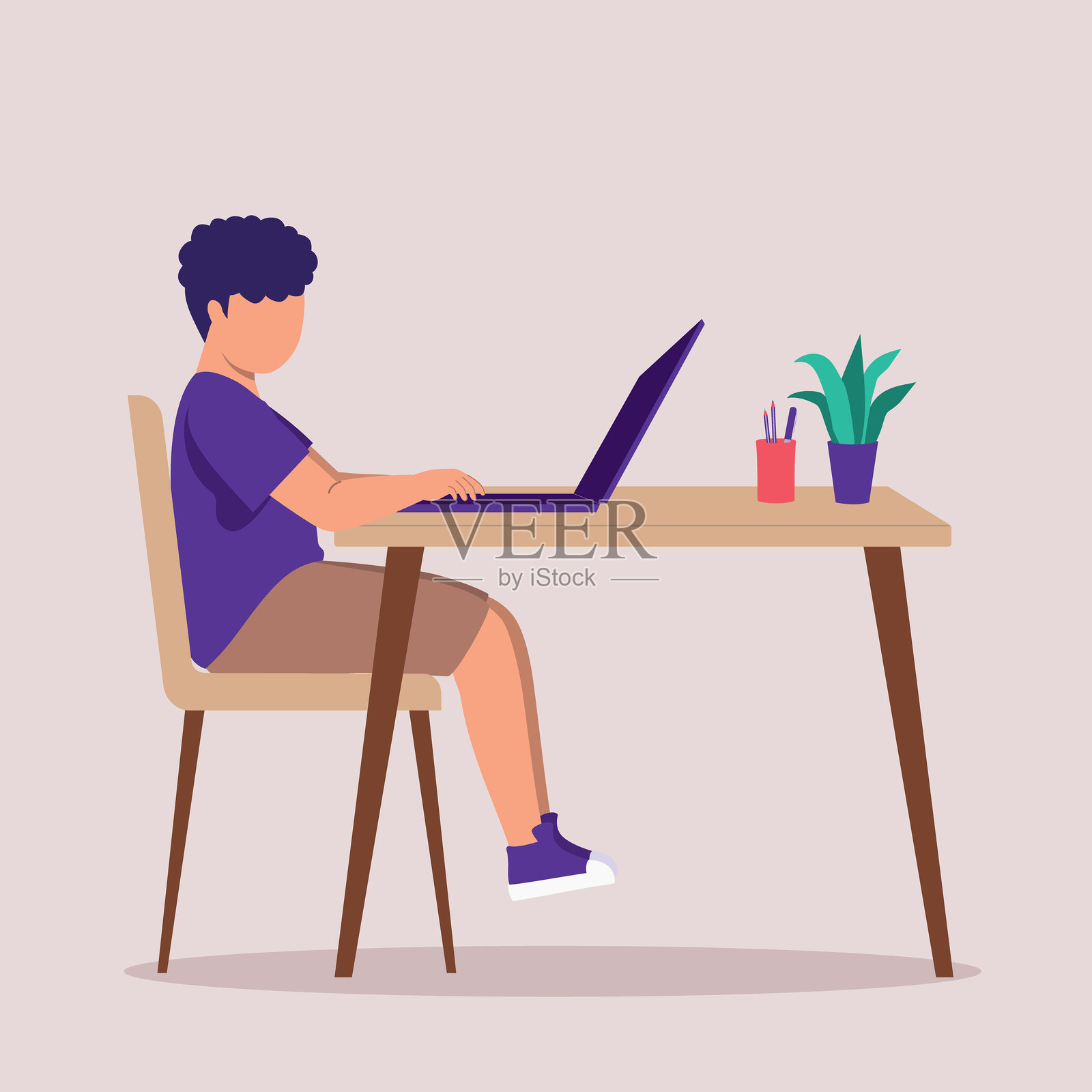 小男孩在桌子上使用笔记本电脑。学生。笔记本。学校作业。学校任务。插画图片素材