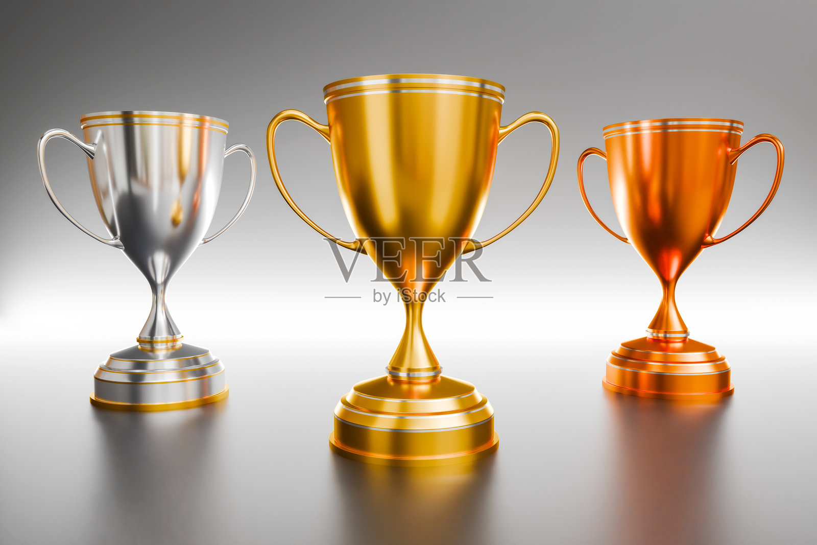 奖杯金、银、铜,获胜者奖杯,背景隔离渲染。3D插图。照片摄影图片