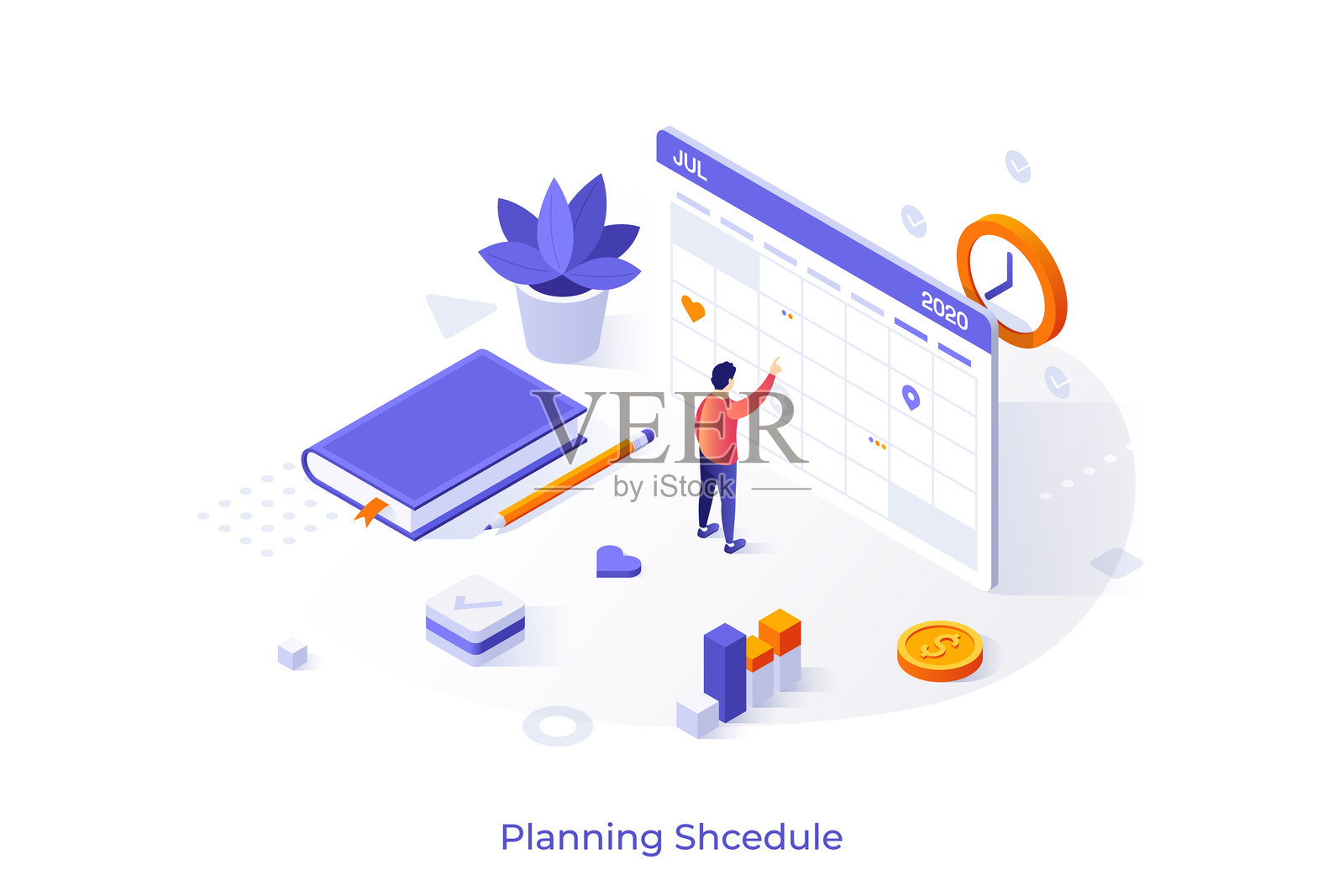 概念模板,男人站在巨大的日历或计划表前。用于日程规划、有效时间管理和工作组织系统的场景。网站的等距矢量插图。插画图片素材