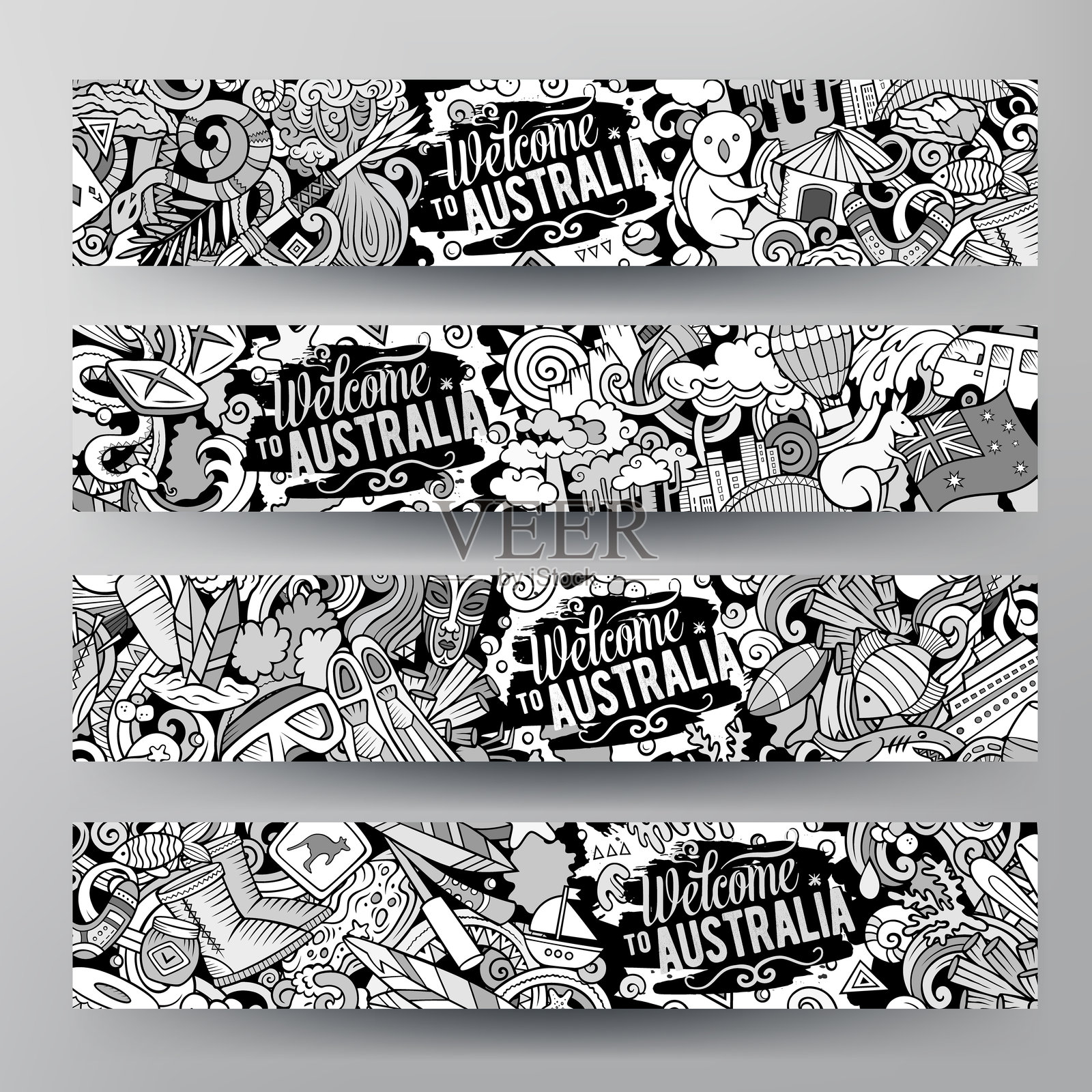 澳大利亚横幅模板的卡通矢量涂鸦集插画图片素材