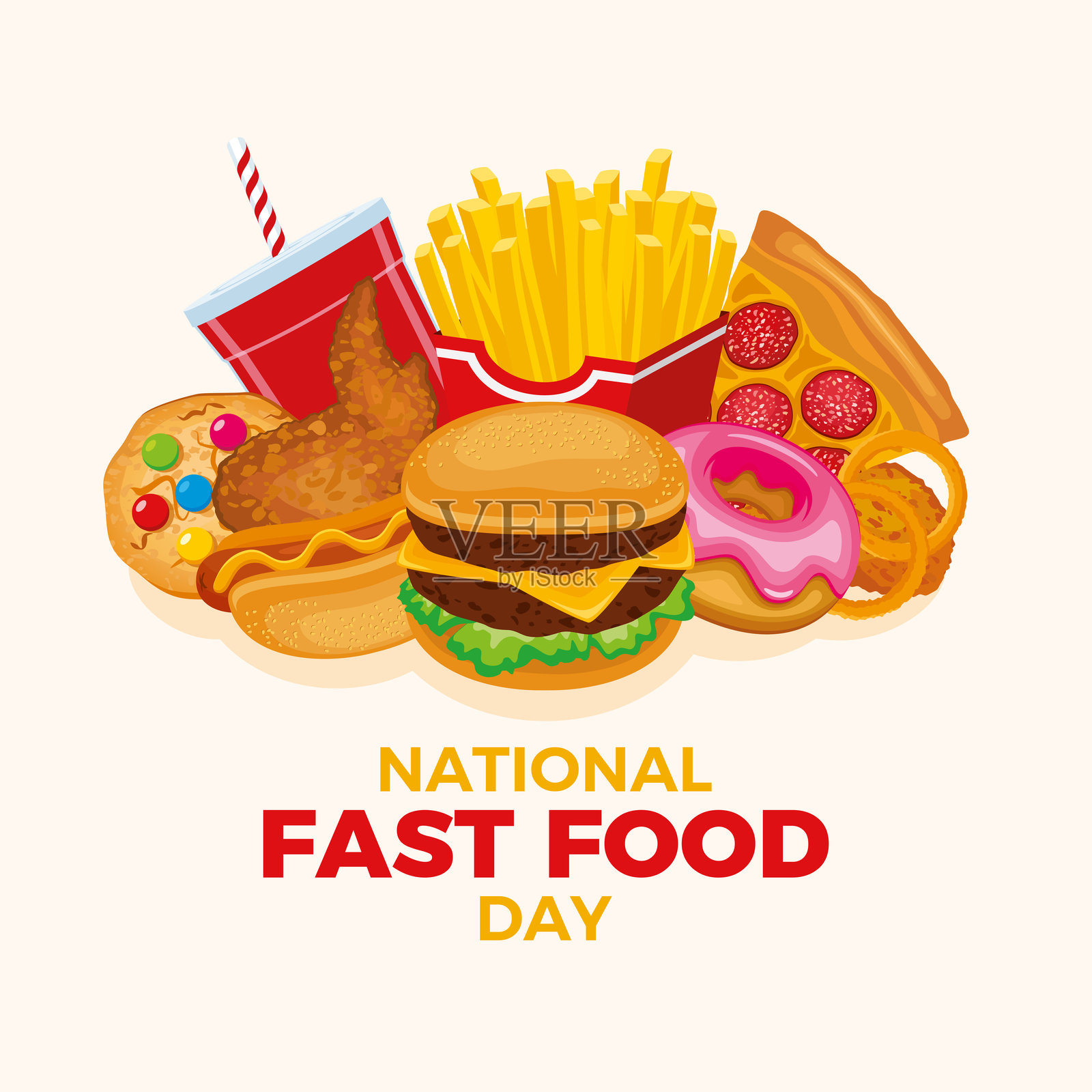 国家快餐日海报,堆满垃圾食品的矢量插图插画图片素材