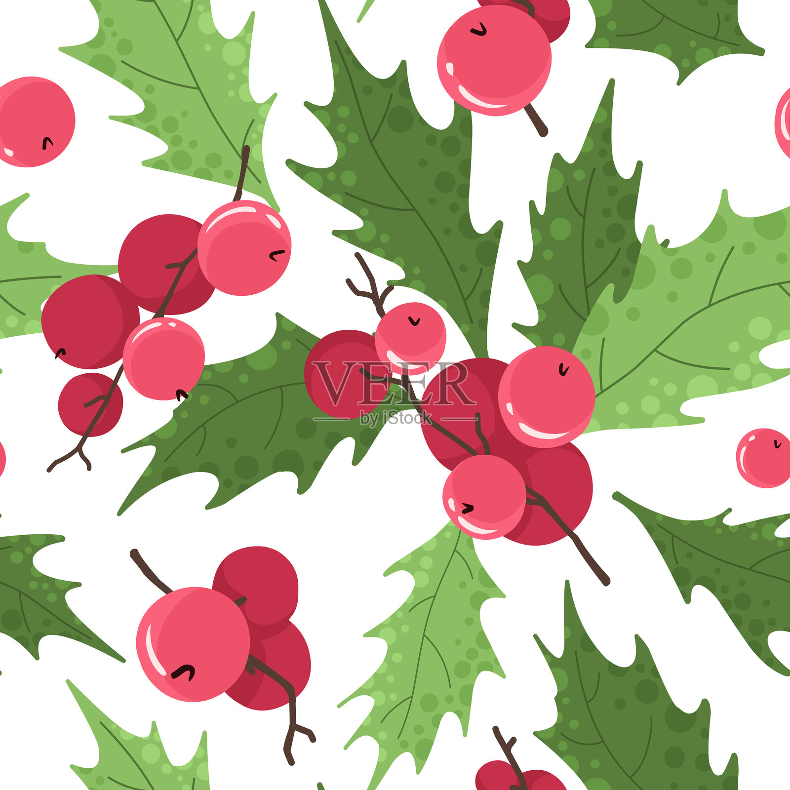 无缝图案,带有植物元素的圣诞图案。冬青,扁平风格的装饰。插画图片素材
