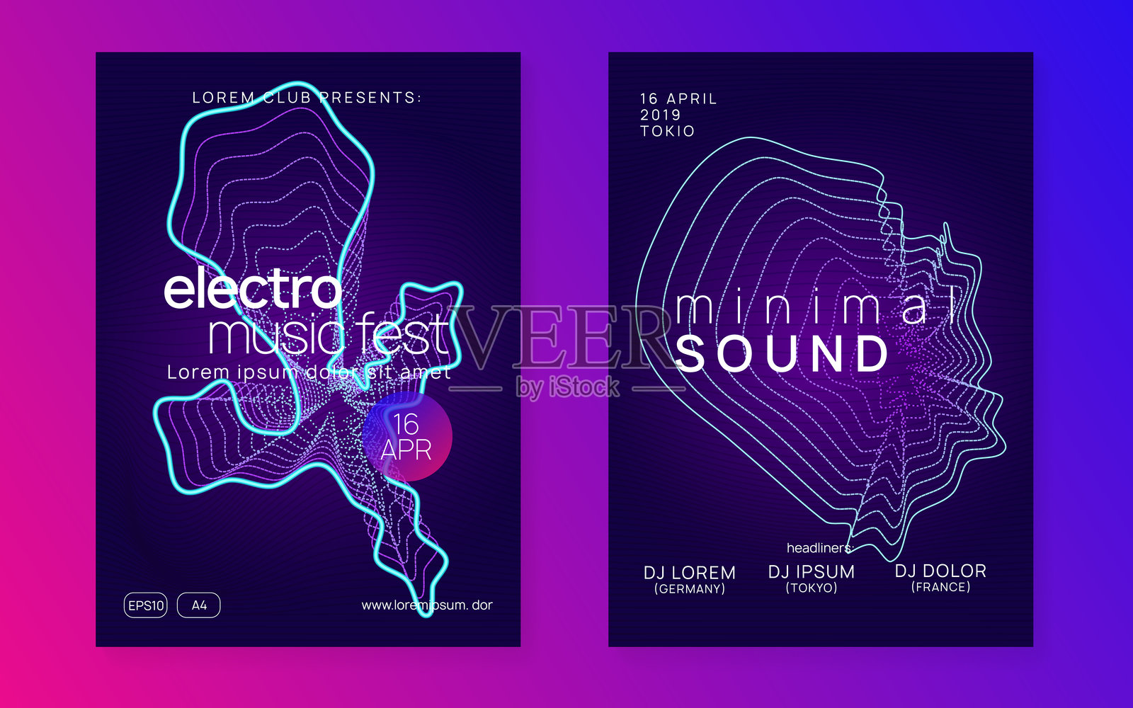 电子音乐派对宣传单。绿色DJ背景。迷幻音频邀请。音乐会封面。夜店迷幻元素。紫色音乐活动。派对海报。蓝色电子音乐宣传单。插画图片素材