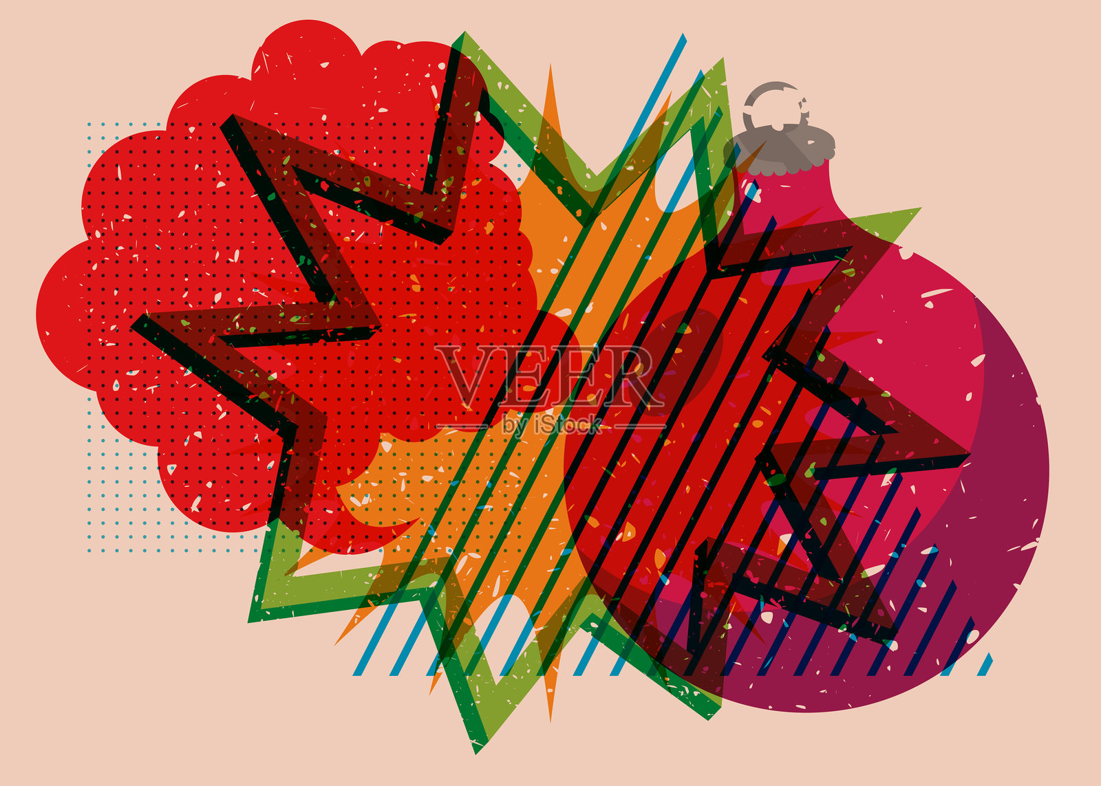 带有几何形状的对话气泡的Risograph圣诞装饰球。物体采用时尚的Risograph印刷纹理风格设计,结合几何元素。插画图片素材