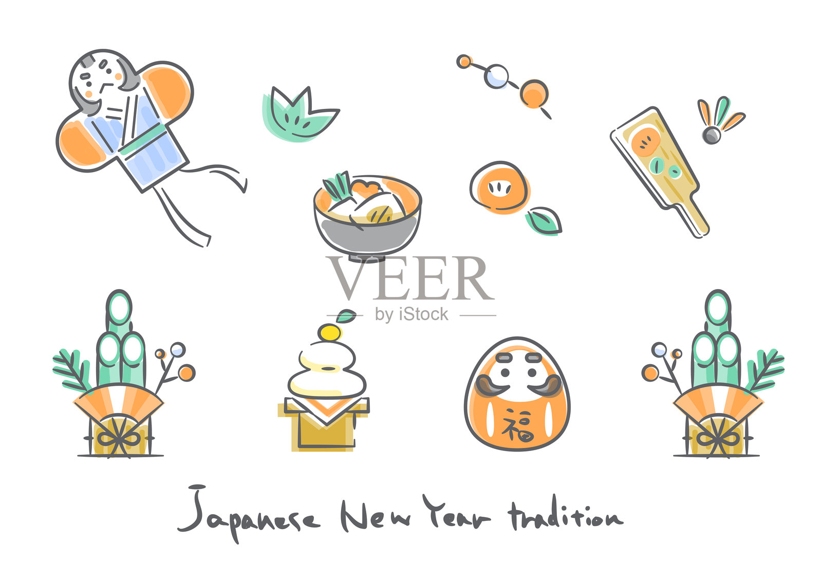 新年装饰插图:色彩丰富且时尚的线条画插画图片素材