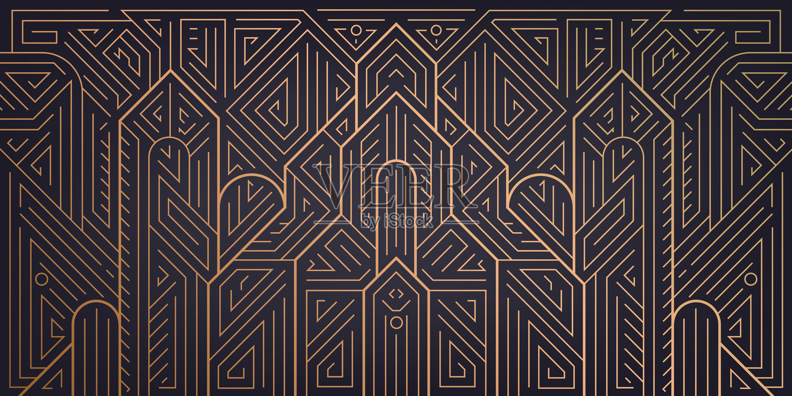 装饰艺术风格的建筑矢量图,建筑线条图案。优雅的金色城市插图,复古的盖茨比装饰。插画图片素材