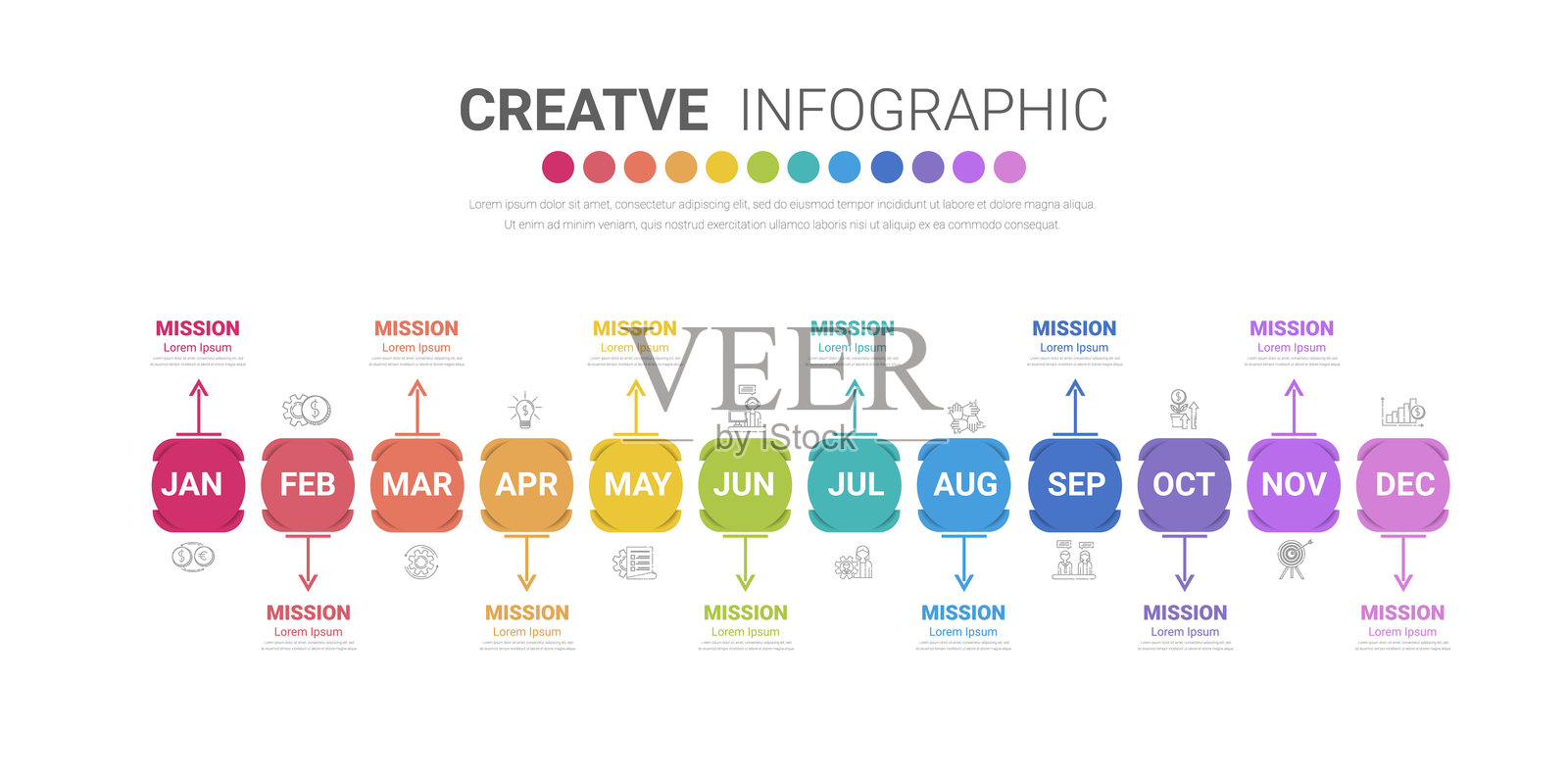 12个月的时间线演示,1年,时间线信息图设计矢量,适用于商业概念的演示,包含12个选项、步骤或流程。插画图片素材