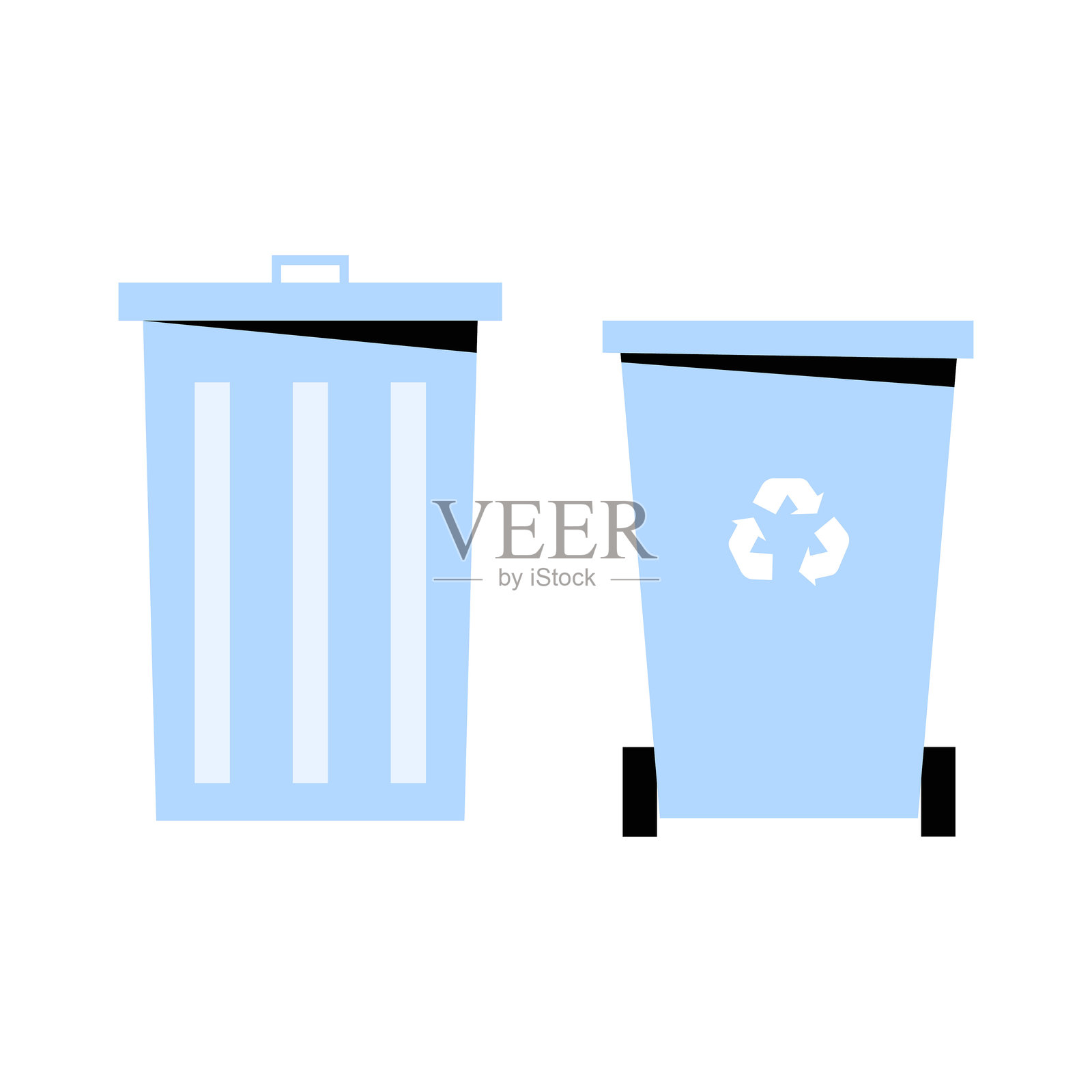 平面矢量插图中的垃圾桶,分别用于一般垃圾和可回收垃圾,象征着垃圾分类和回收意识,背景为白色。插画图片素材
